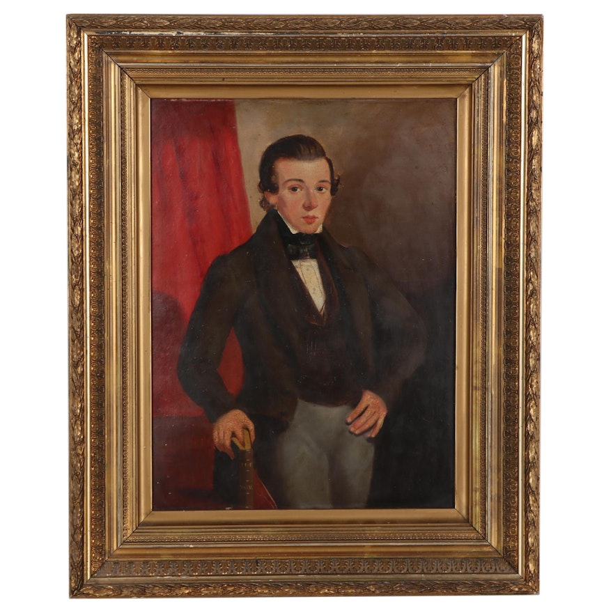 American Portrait Oil Painting of Young Man, Mid-19th Century