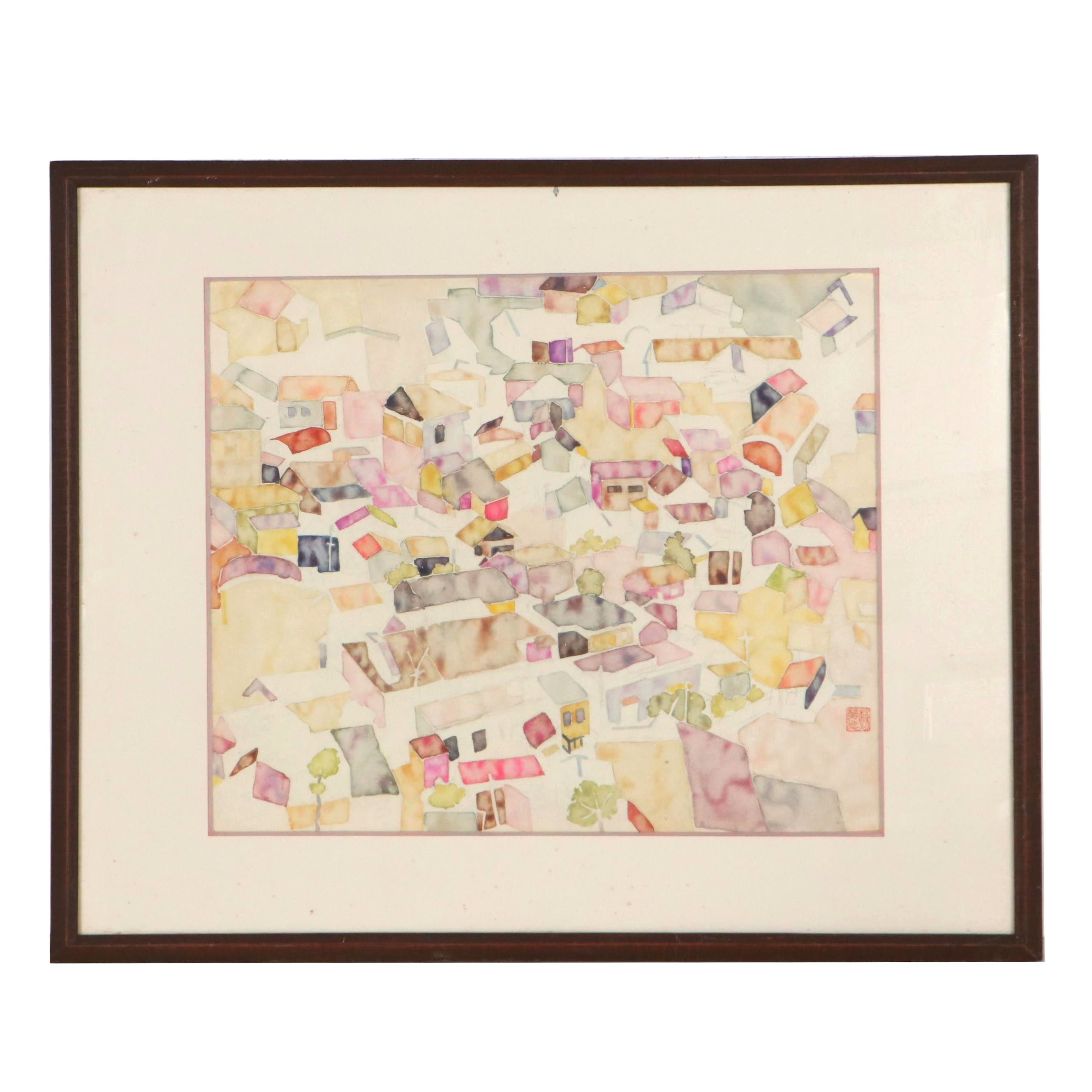 Walter Sorge Abstract Watercolor Painting "Rooftops - Taipei," Circa 1993