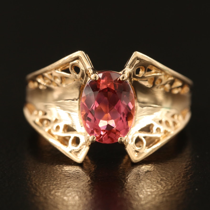 10K Pink Topaz Ring with Concave, Tapered and Scrollwork Shoulders