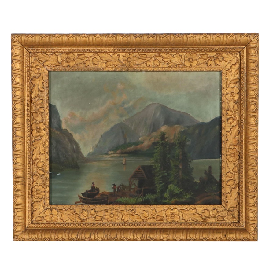 Mountain River Landscape Oil Painting, Early 20th Century