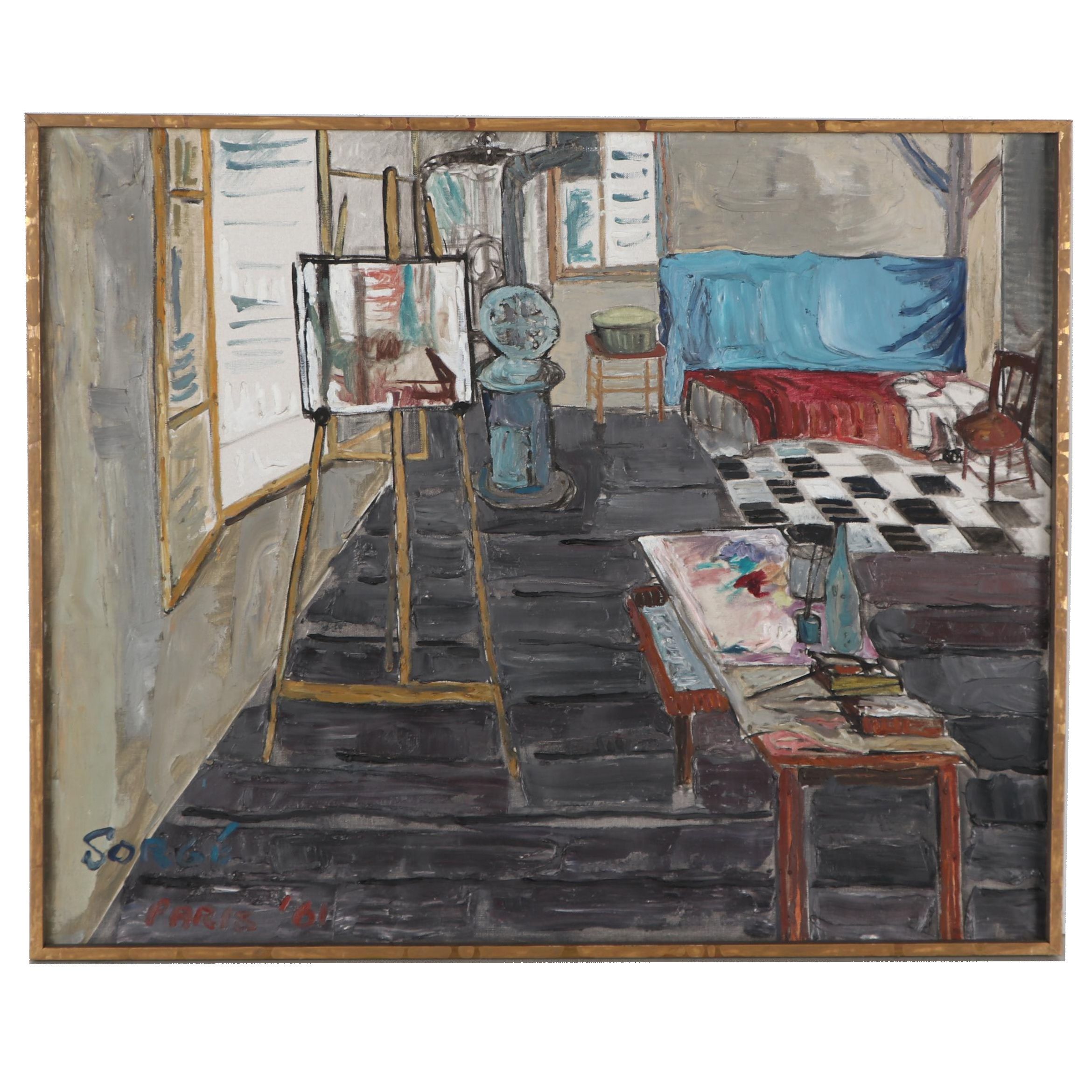 Walter Sorge Interior Oil Painting "Studio," 1961
