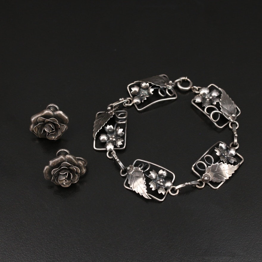 Danecraft Sterling Floral Earrings with Panel Bracelet