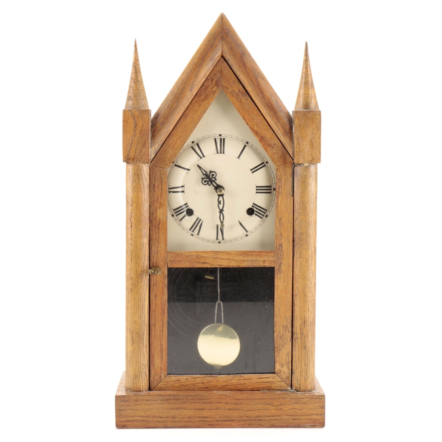 Oak Steeple Mantel Clock, 20th Century