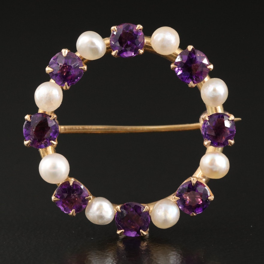 Vintage Amethyst and Pearl Circle Brooch