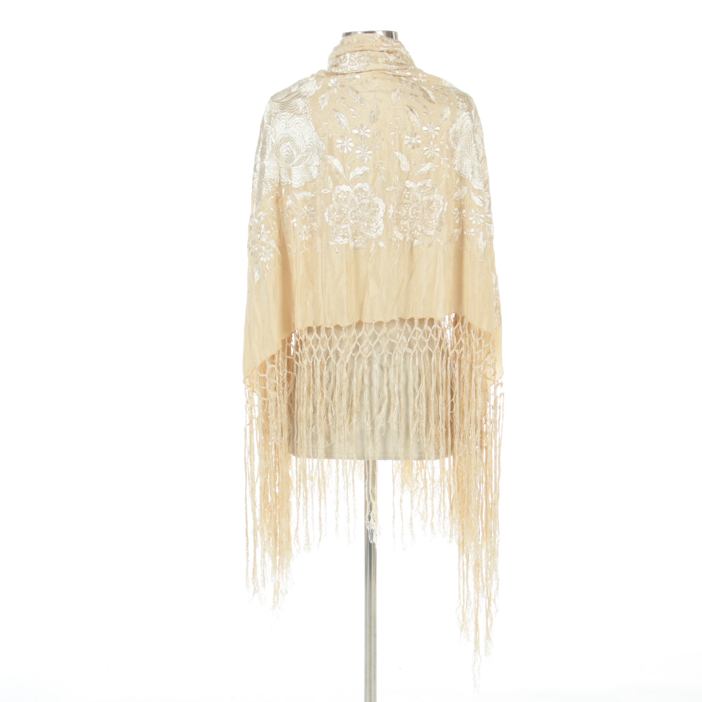 Silk Embroidered Piano Shawl in Florals with Hand-Knotted Macramé Fringe