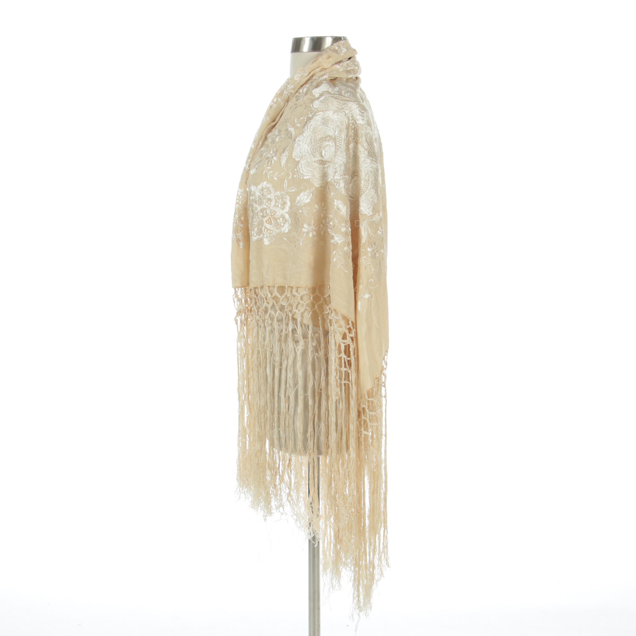 Silk Embroidered Piano Shawl in Florals with Hand-Knotted Macramé Fringe