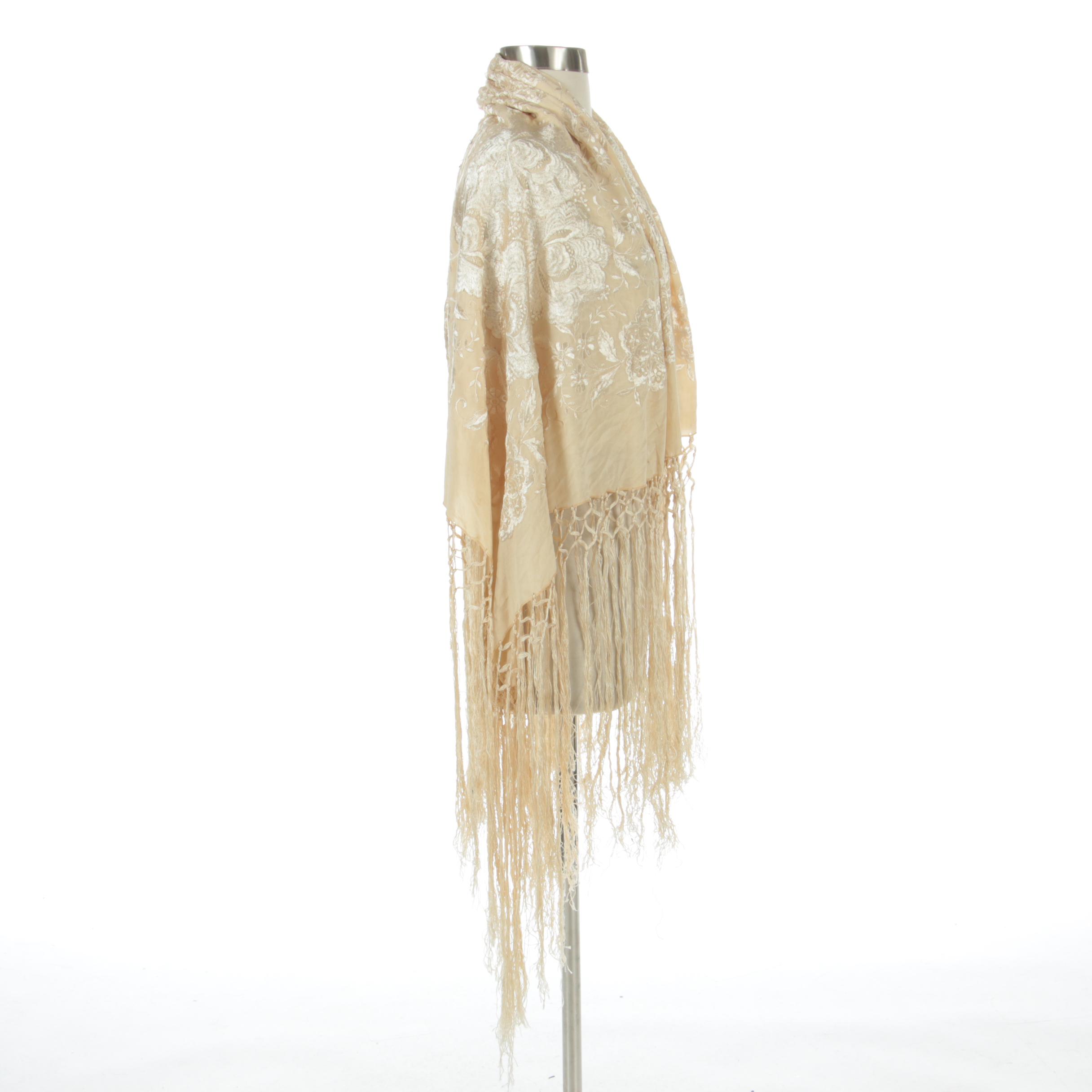 Silk Embroidered Piano Shawl in Florals with Hand-Knotted Macramé Fringe