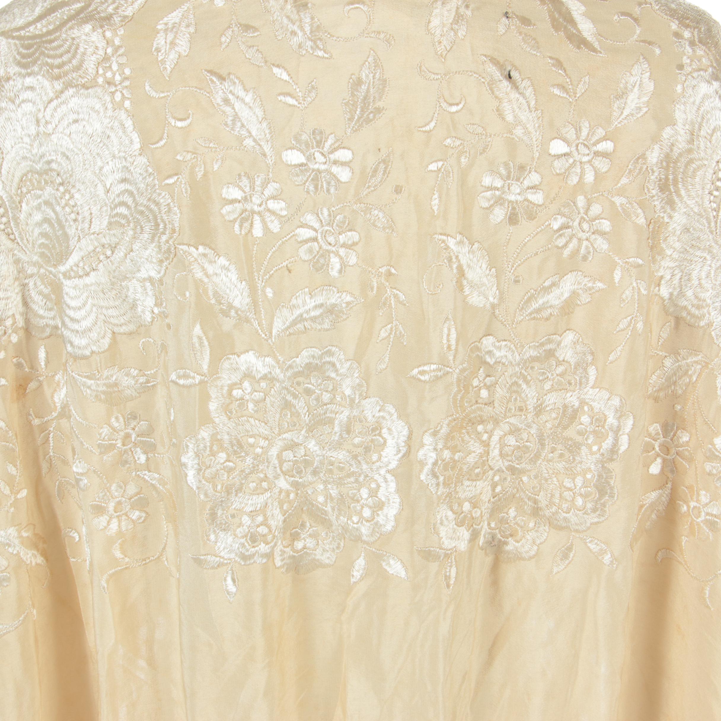 Silk Embroidered Piano Shawl in Florals with Hand-Knotted Macramé Fringe