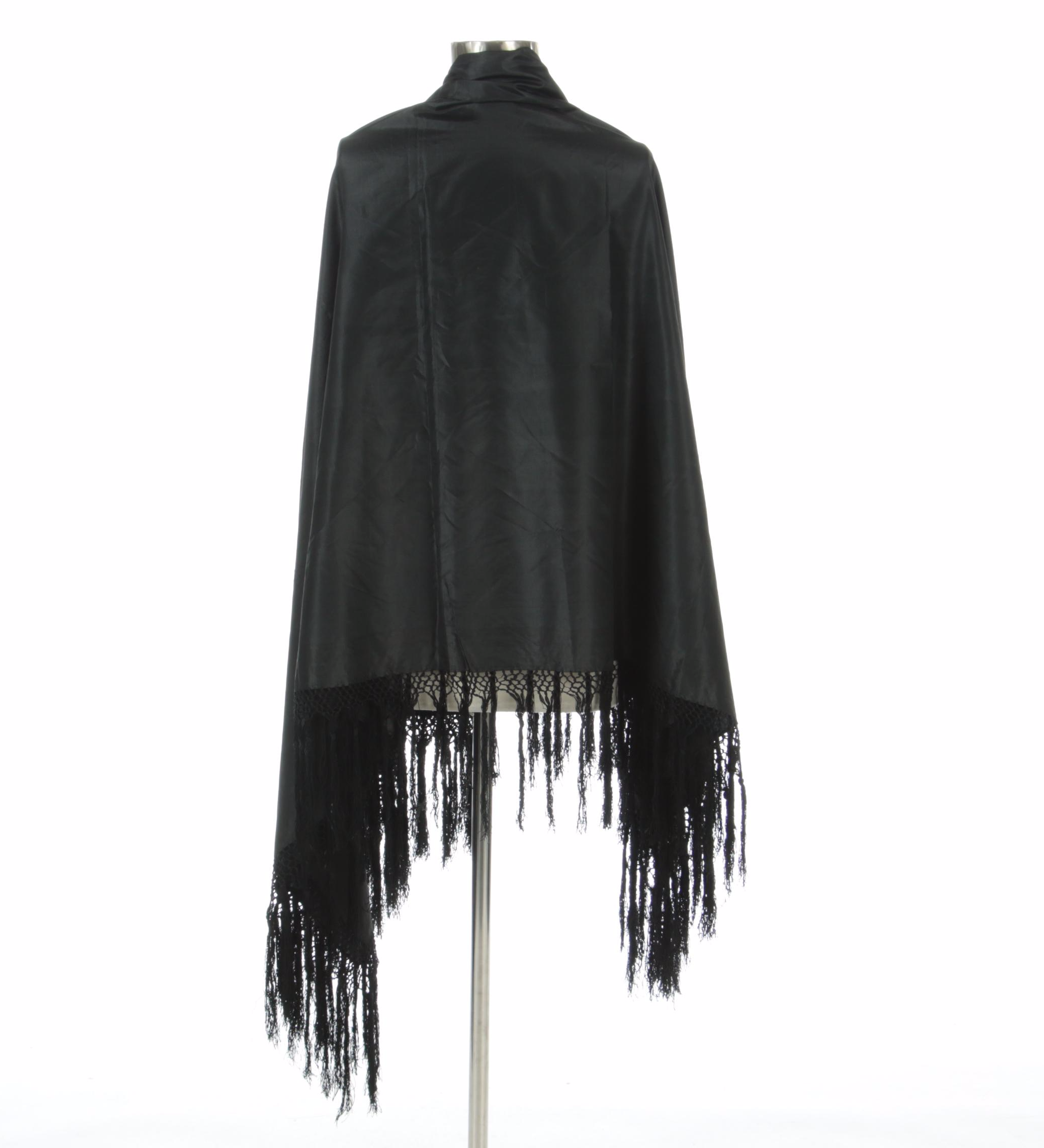 Black Silk Taffeta Shawl with Hand-Knotted Fringe