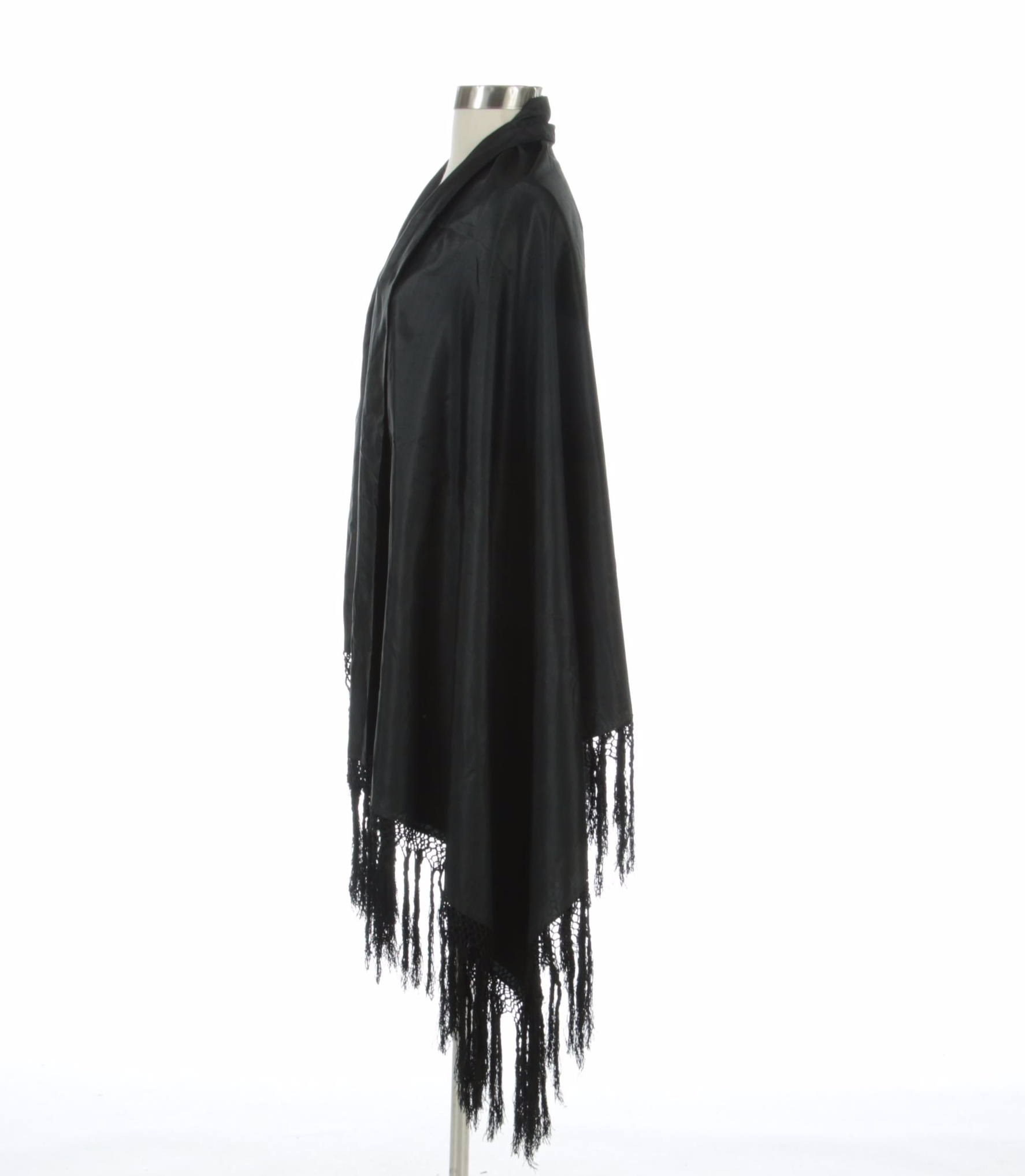 Black Silk Taffeta Shawl with Hand-Knotted Fringe