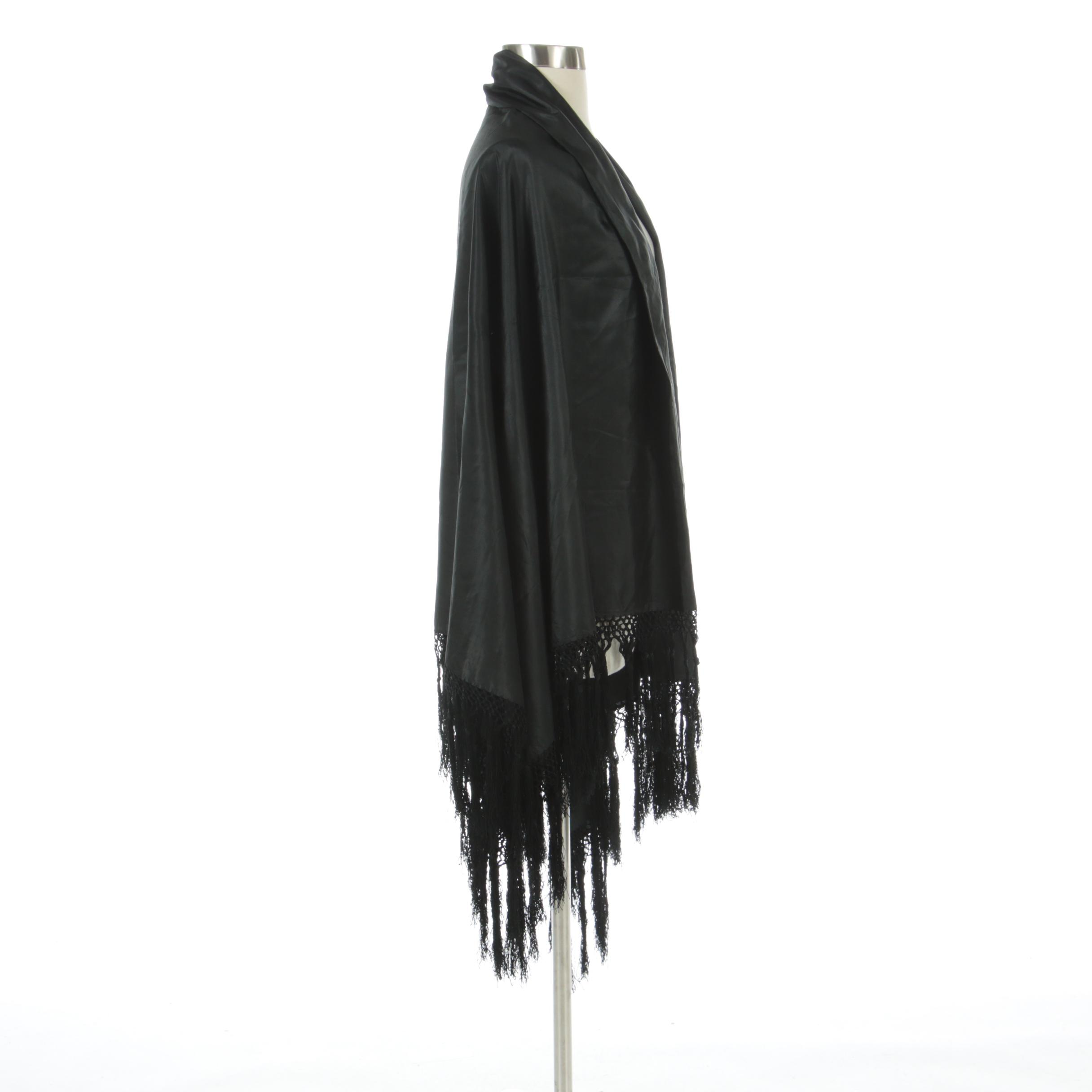 Black Silk Taffeta Shawl with Hand-Knotted Fringe