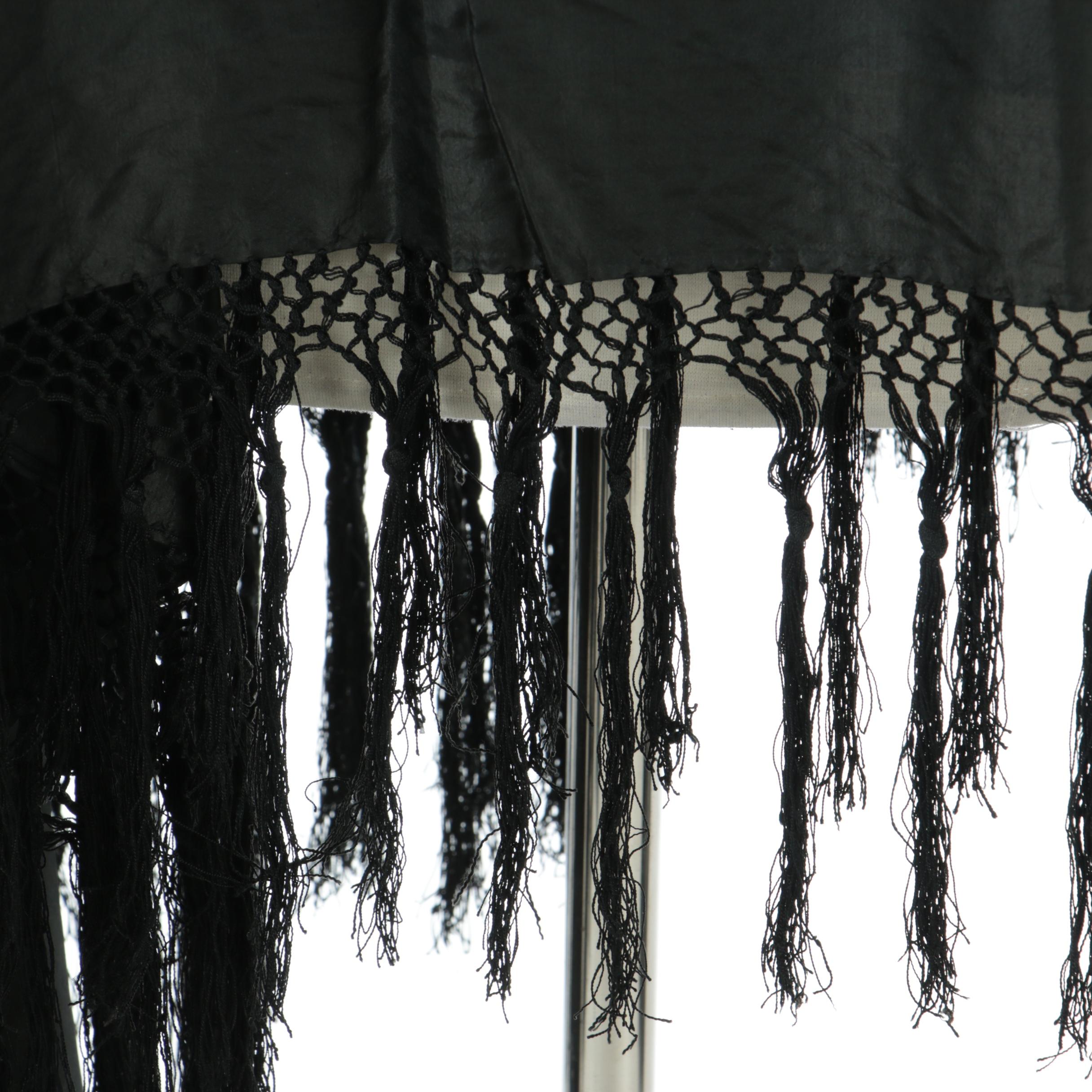 Black Silk Taffeta Shawl with Hand-Knotted Fringe