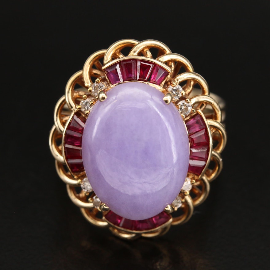 18K Jadeite, Ruby and Diamond Scalloped Ring