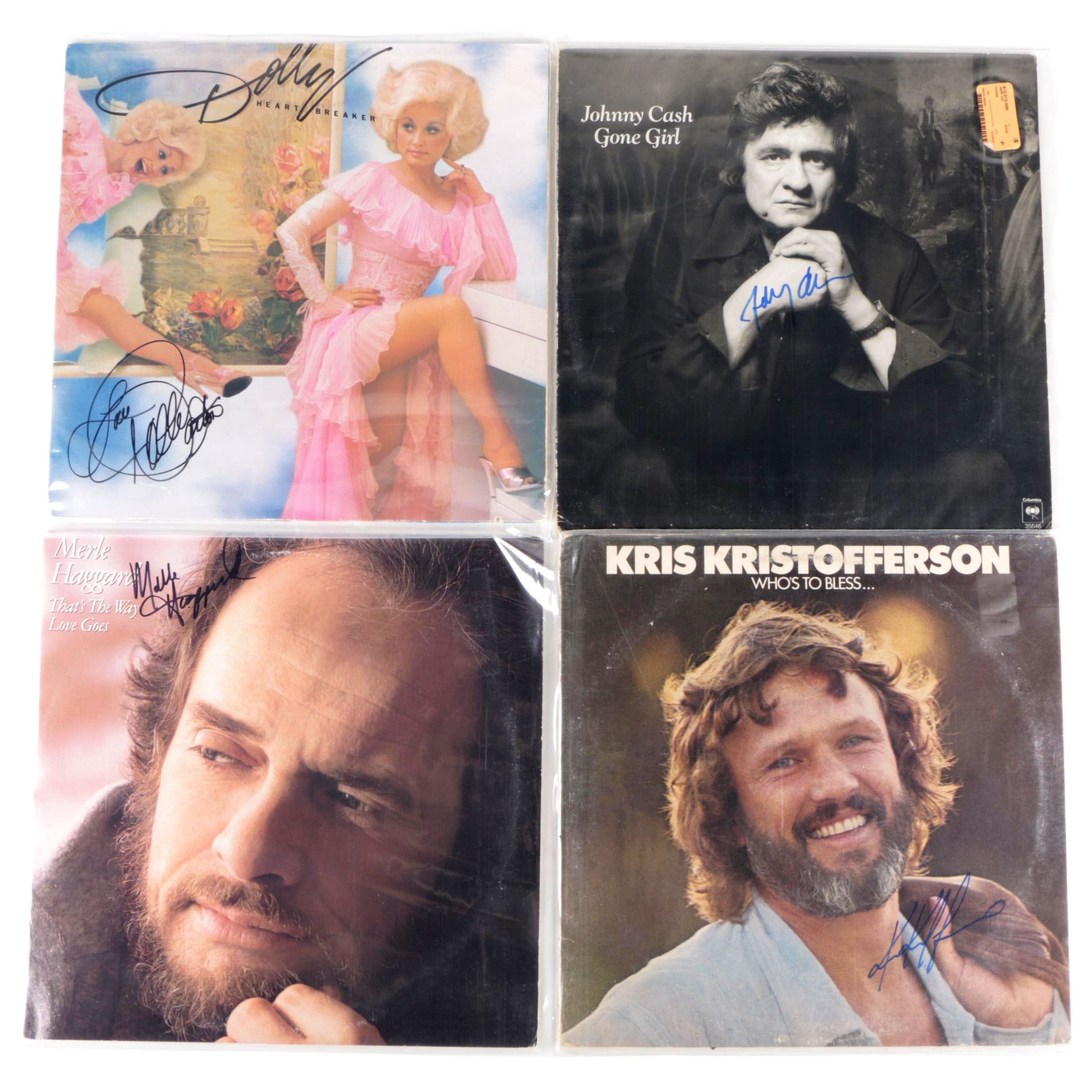 Dolly Parton, Johnny Cash, Merle Haggard and Kris Kristofferson Signed Records