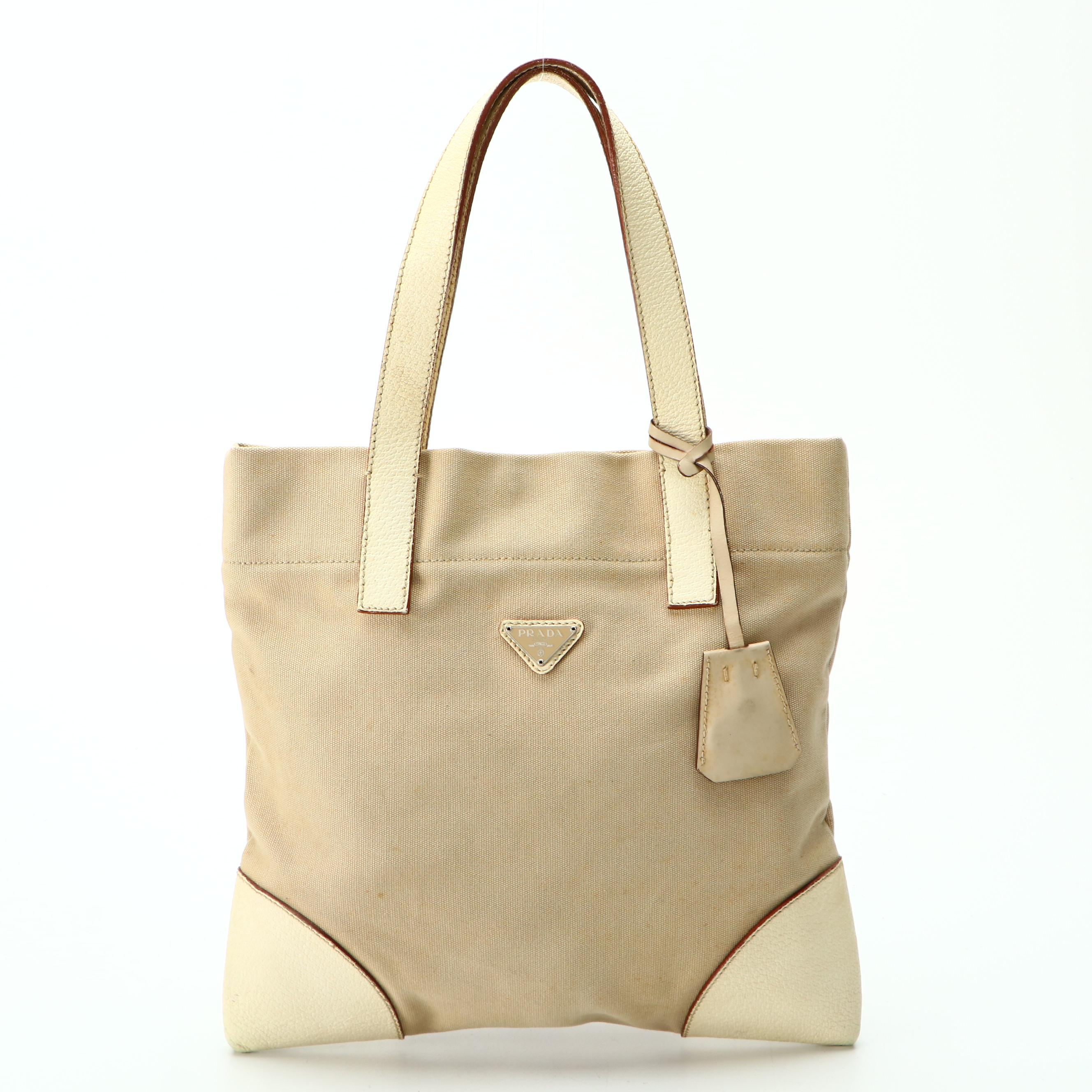 Prada Canvas Tote with Ivory Grained Leather