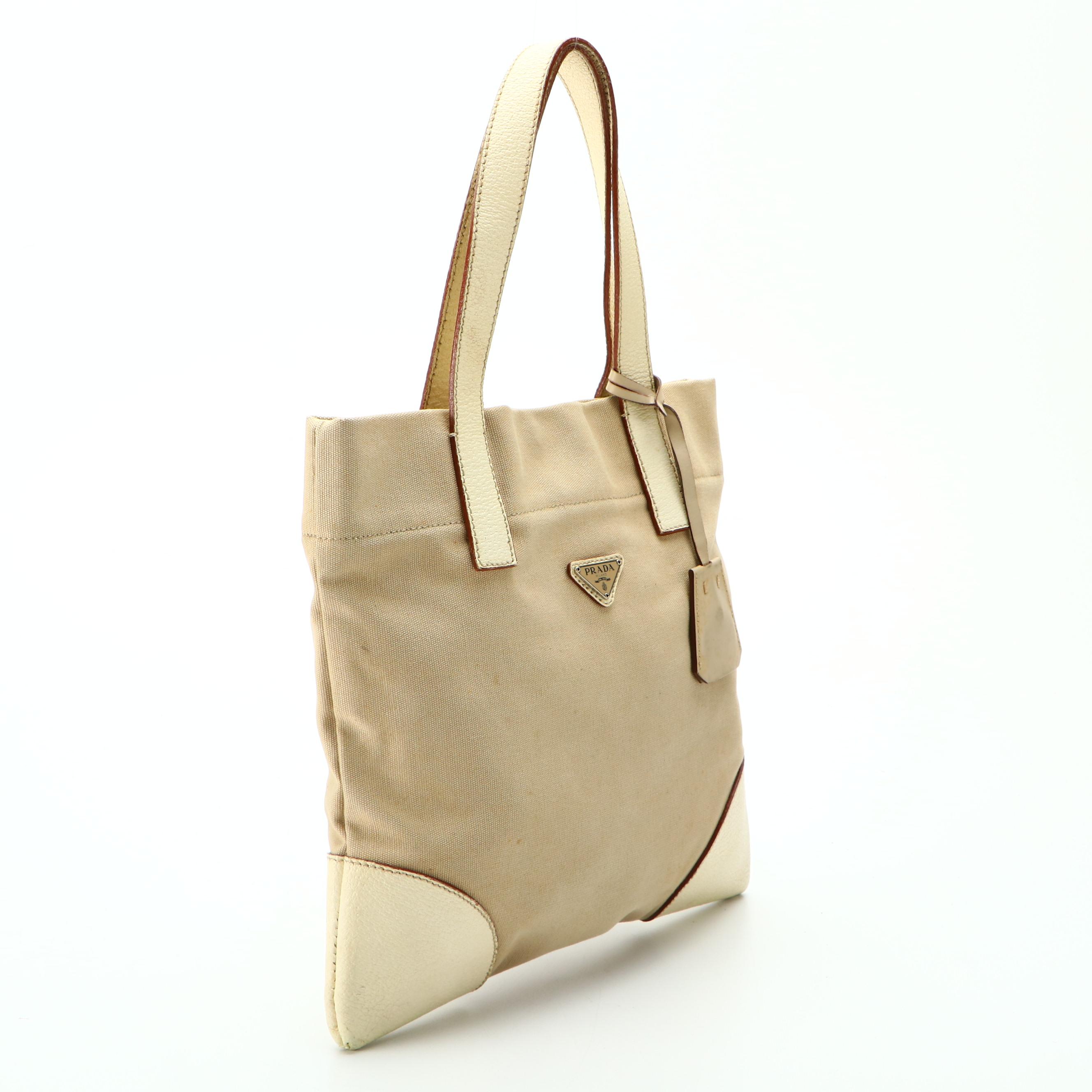 Prada Canvas Tote with Ivory Grained Leather