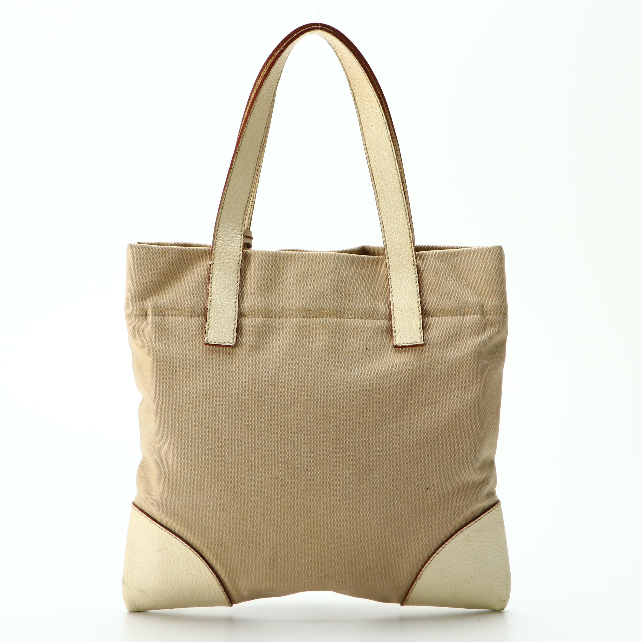 Prada Canvas Tote with Ivory Grained Leather