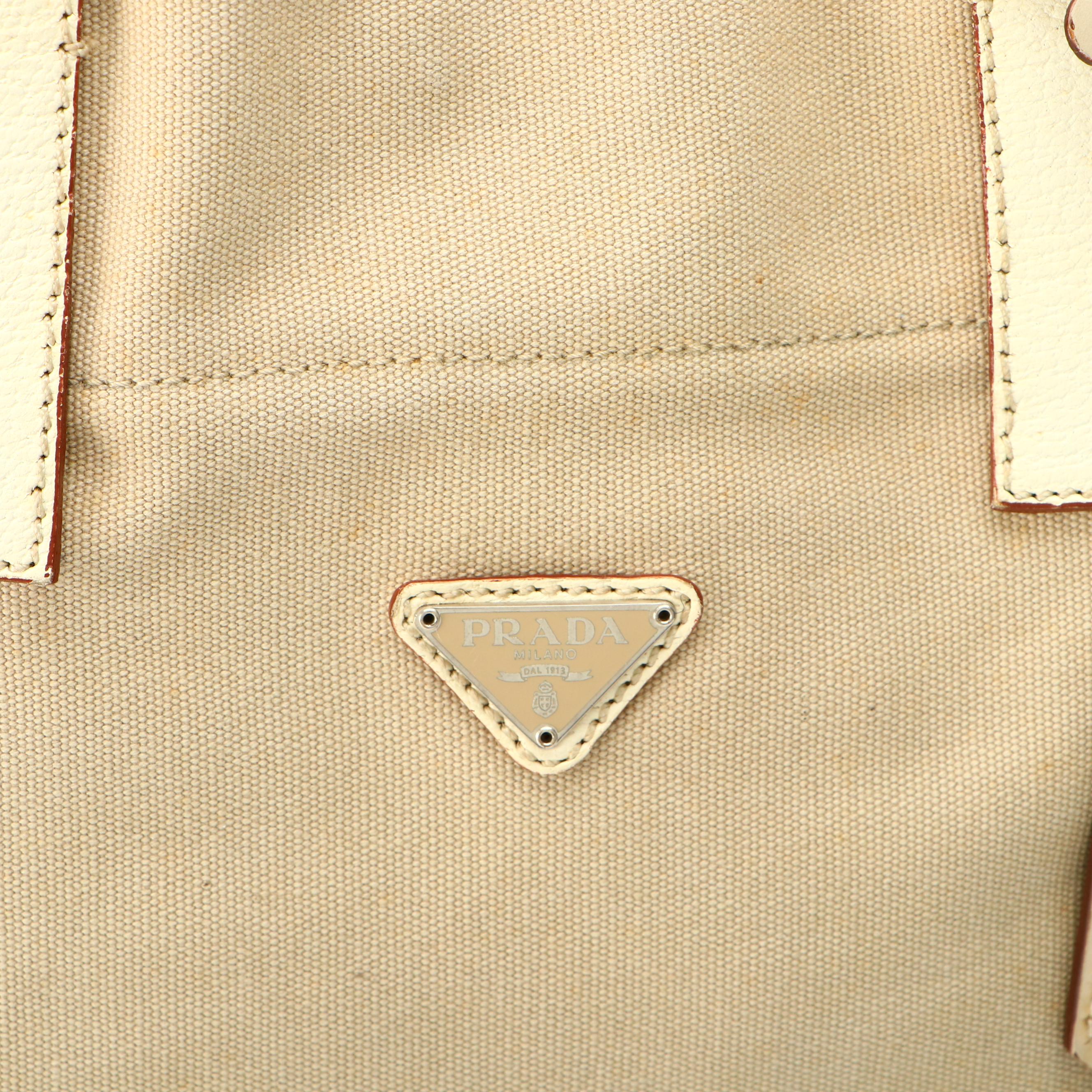 Prada Canvas Tote with Ivory Grained Leather