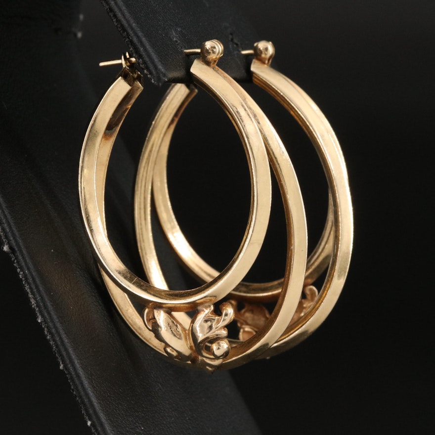 14K Knife-Edge Double Hoop Earrings with Ornamental Detail