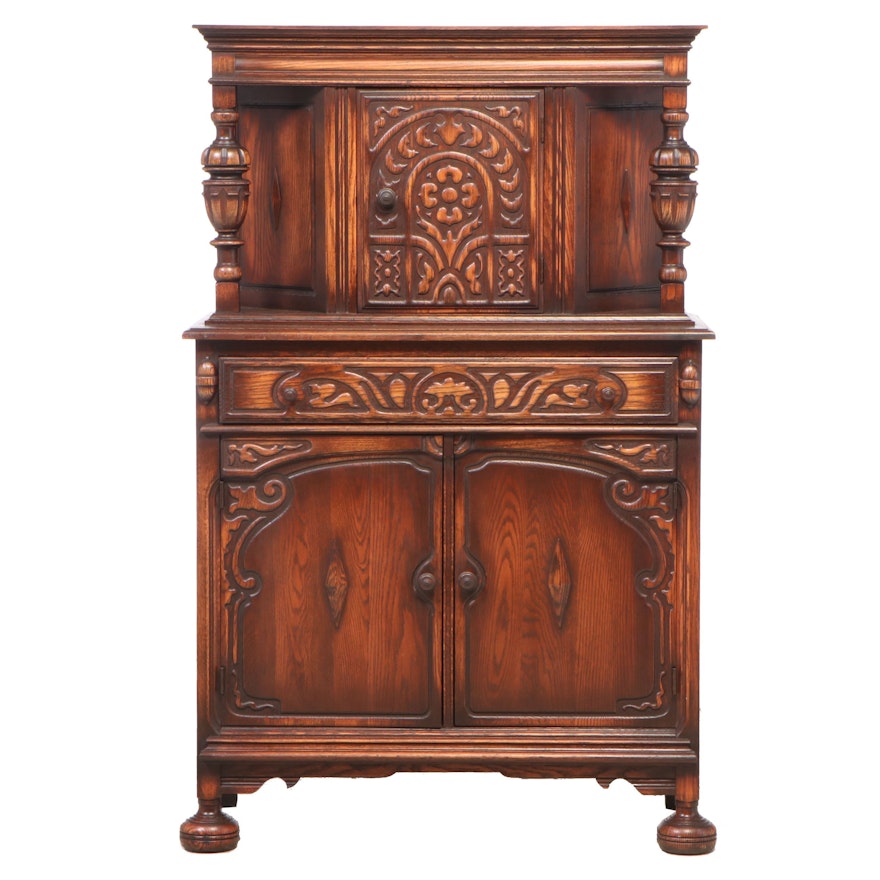 Jacobean Revival Carved Oak China Cabinet, Early 20th Century