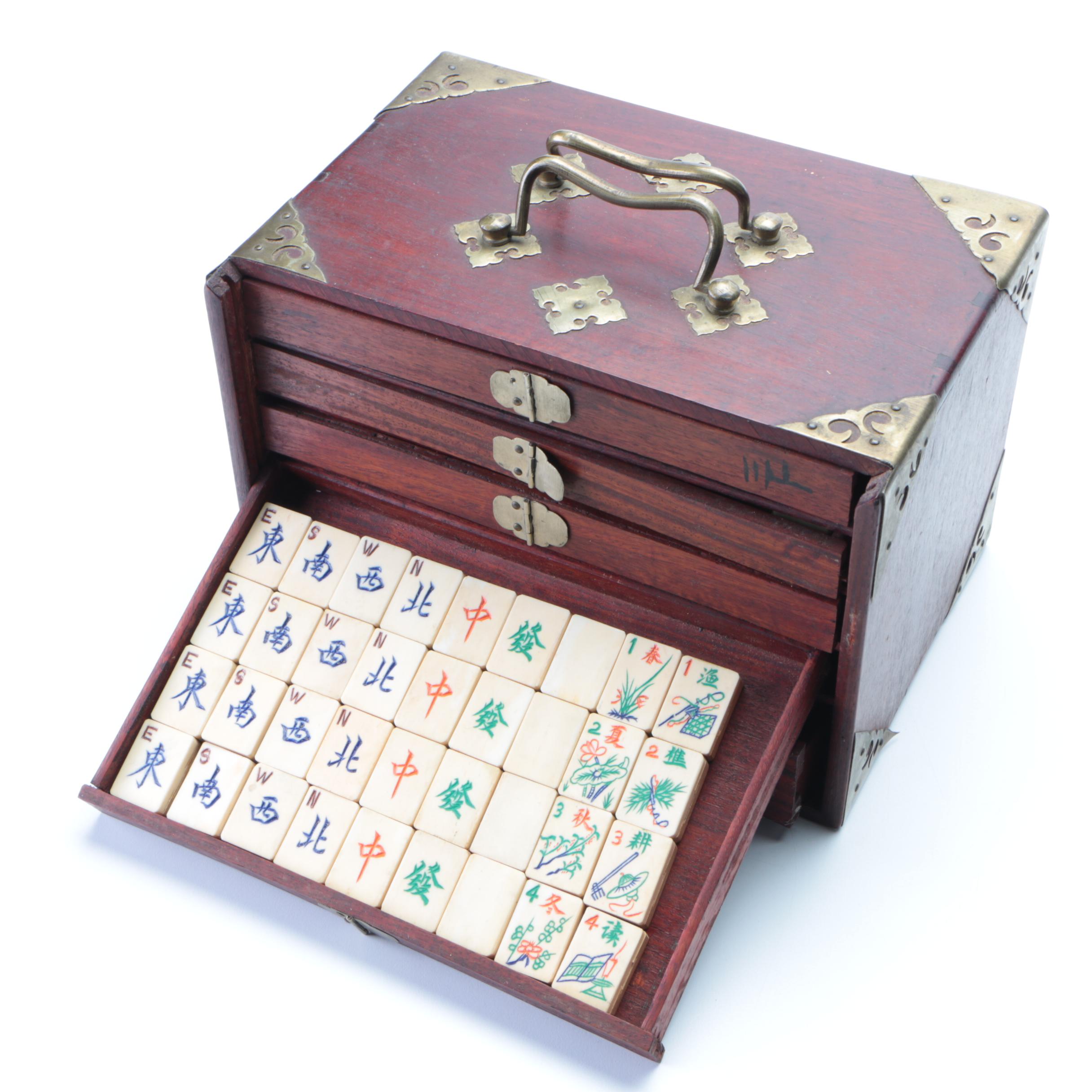 Mahjong Game Set with Bone and Bamboo Tiles in Brass Mounted Wood Case