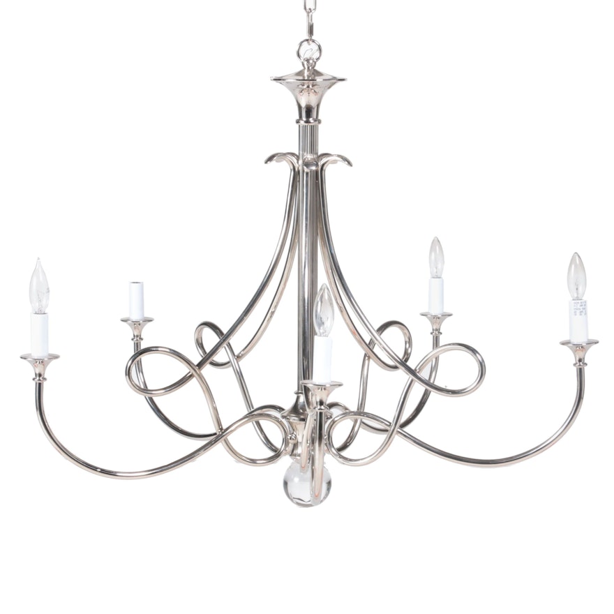 Visual Comfort Double Twist Nickel Finish Five-Arm Chandelier with Crystal Orb