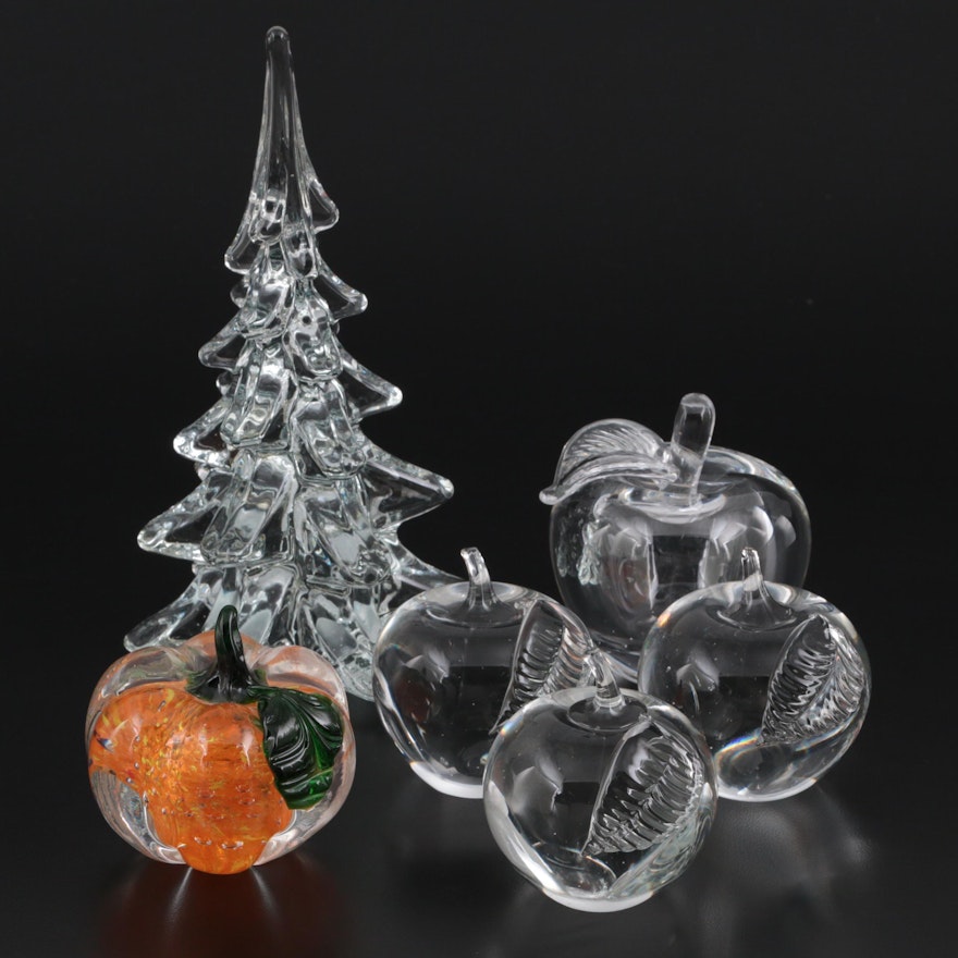 Lenox Crystal Pumpkin Paperweight with Other Apple and Tree Paperweights