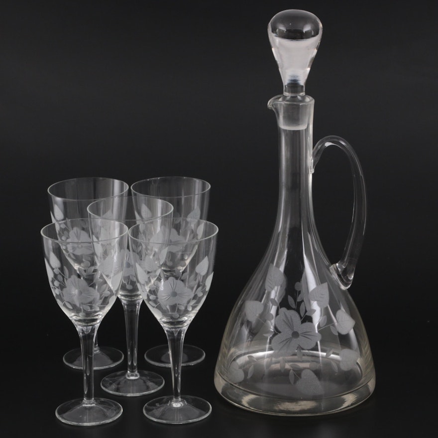 Toscany Floral Etched Wine Decanter and Glasses, Late 20th Century