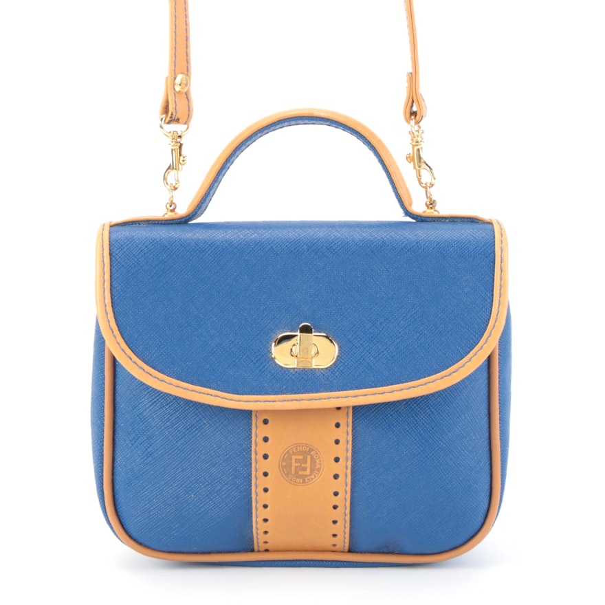 Fendi Two-Way Handbag in Blue Coated Canvas with Tan Leather Trim