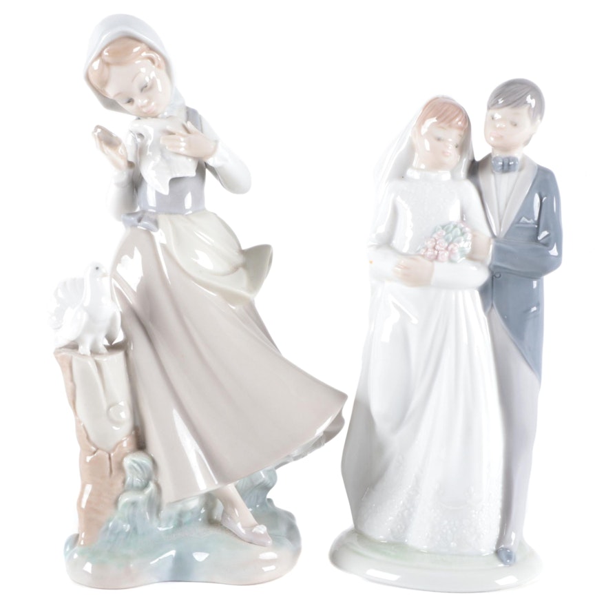 Lladró "Girl with Pigeons" and Nao by Lladró Bride and Groom Figurines