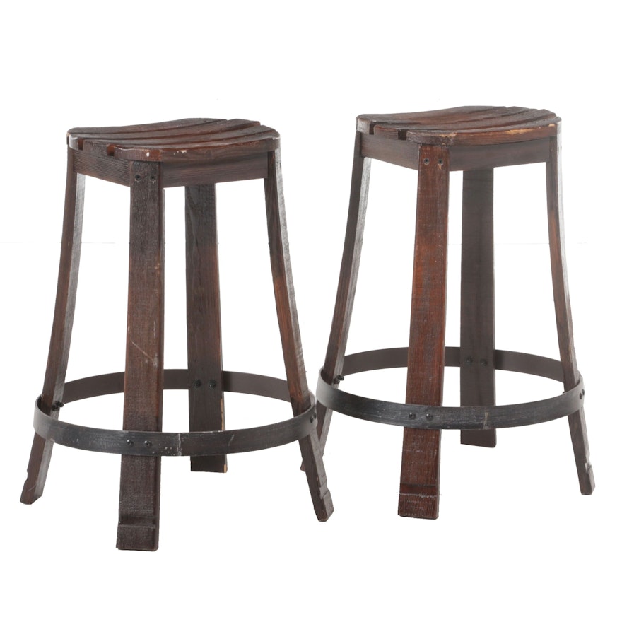 Pair of Metal-Mounted and Slatted Pine Counter-Height Bar Stools