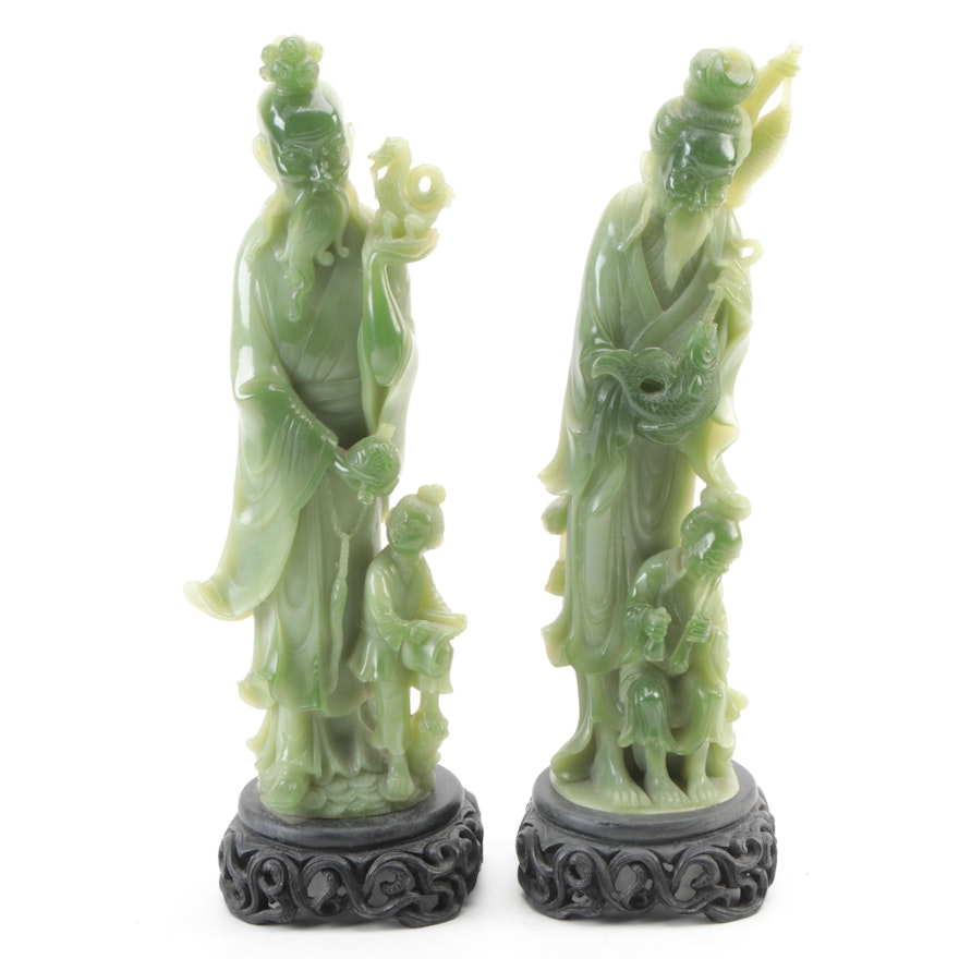 Chinese Faux Jade Resin Figurines of Man and Child