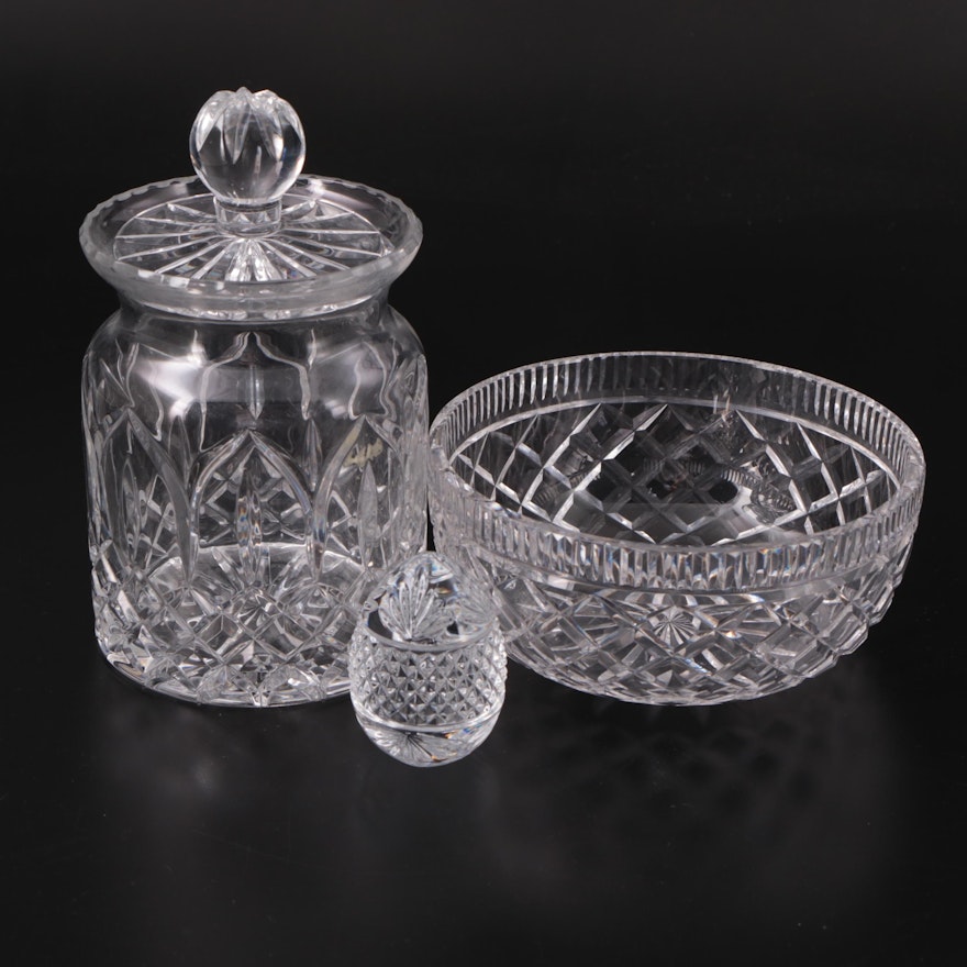 Waterford Crystal "Giftware" Bowl and Lidded Biscuit Jar with Other Glass Egg