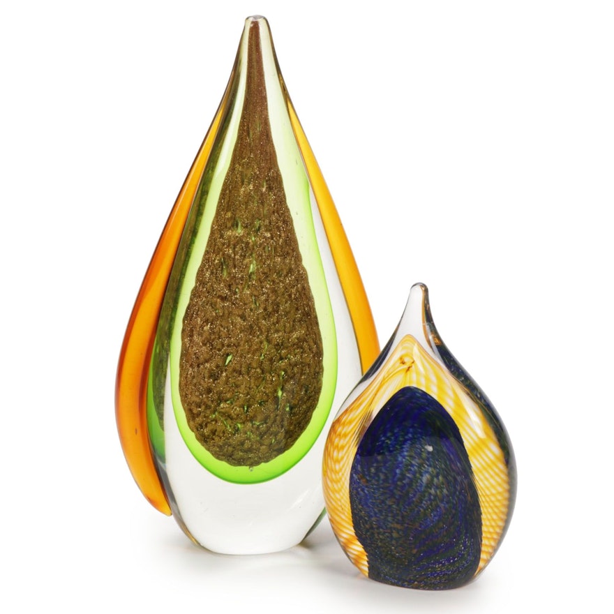 Murano Style Teardrop-Form Art Glass Paperweights