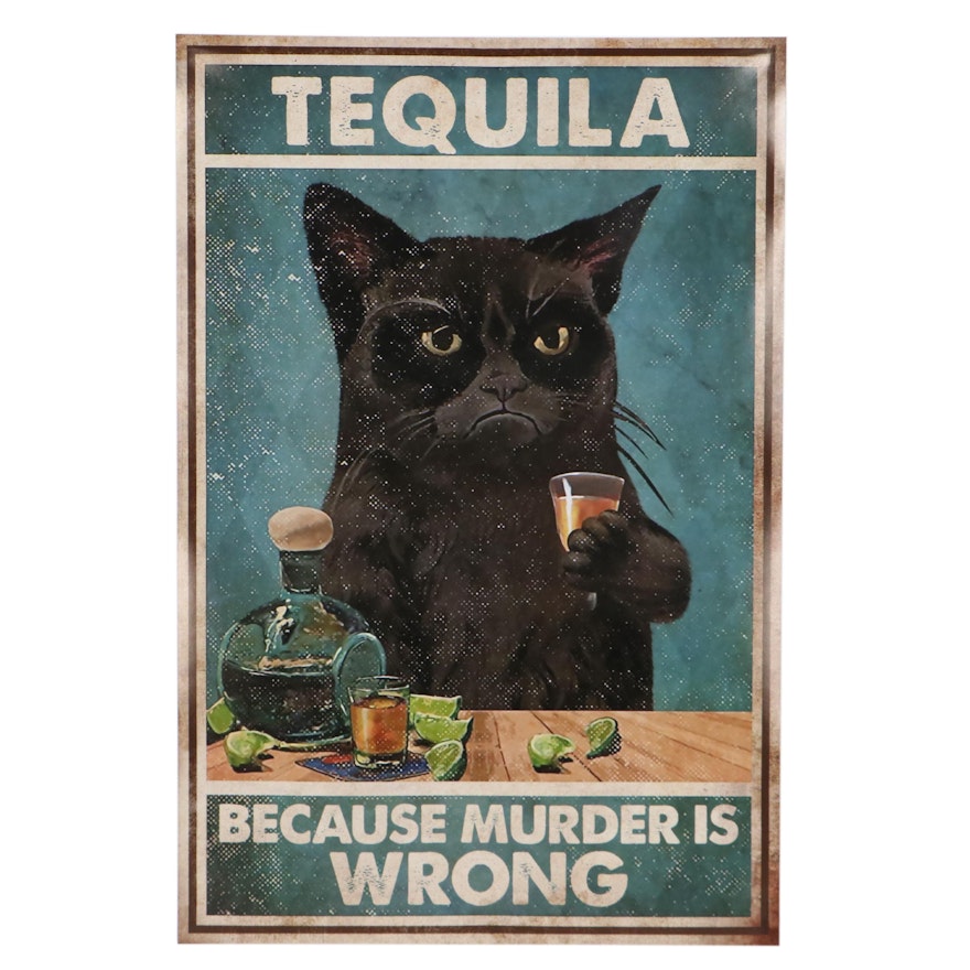 Giclée of a Black Cat Drinking Tequila, 21st Century