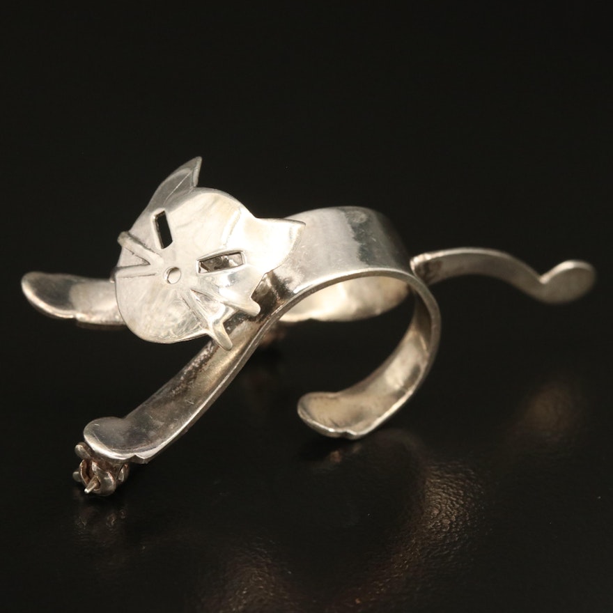 Sterling Cat Brooch with Articulated Head