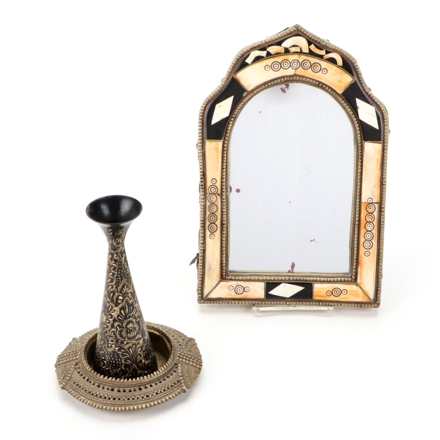 Moroccan Style Bone Inlaid Accent Mirror with Indian Brass Vase and Ashtray