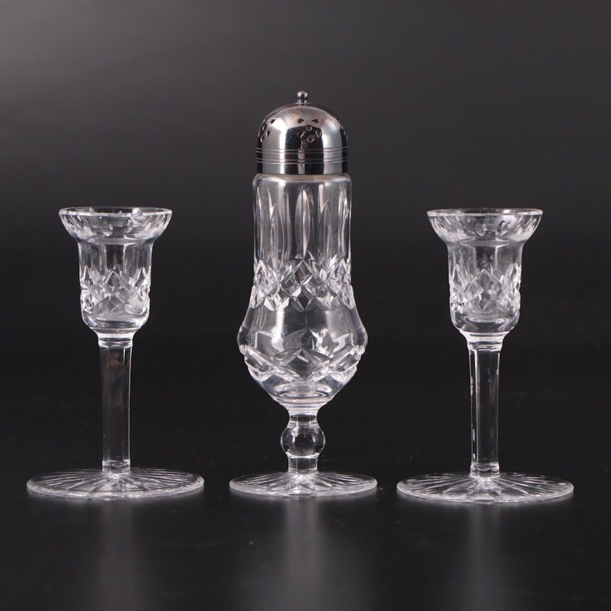 Waterford Crystal "Lismore" Sugar Shaker with Single Light Candlesticks