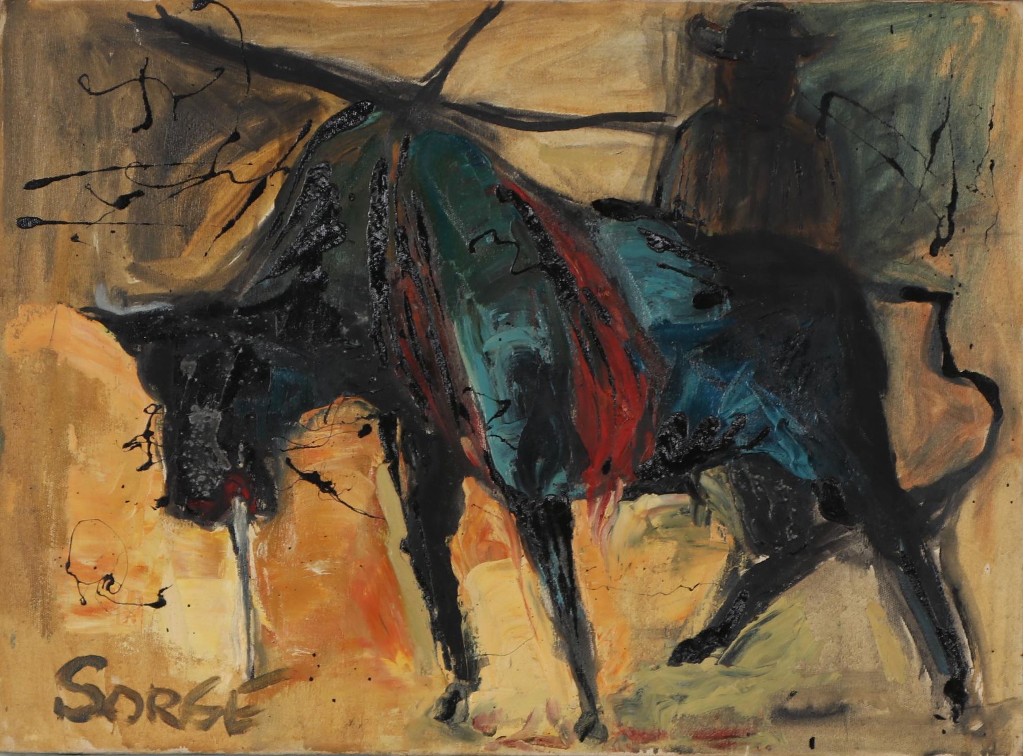 Walter Sorge Stylized Oil Painting of a Bull, Circa 1955