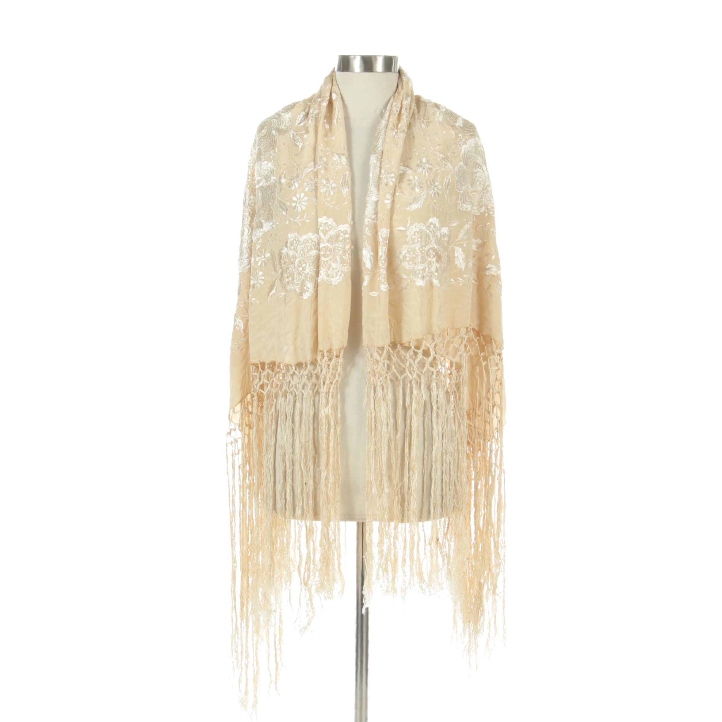 Silk Embroidered Piano Shawl in Florals with Hand-Knotted Macramé Fringe