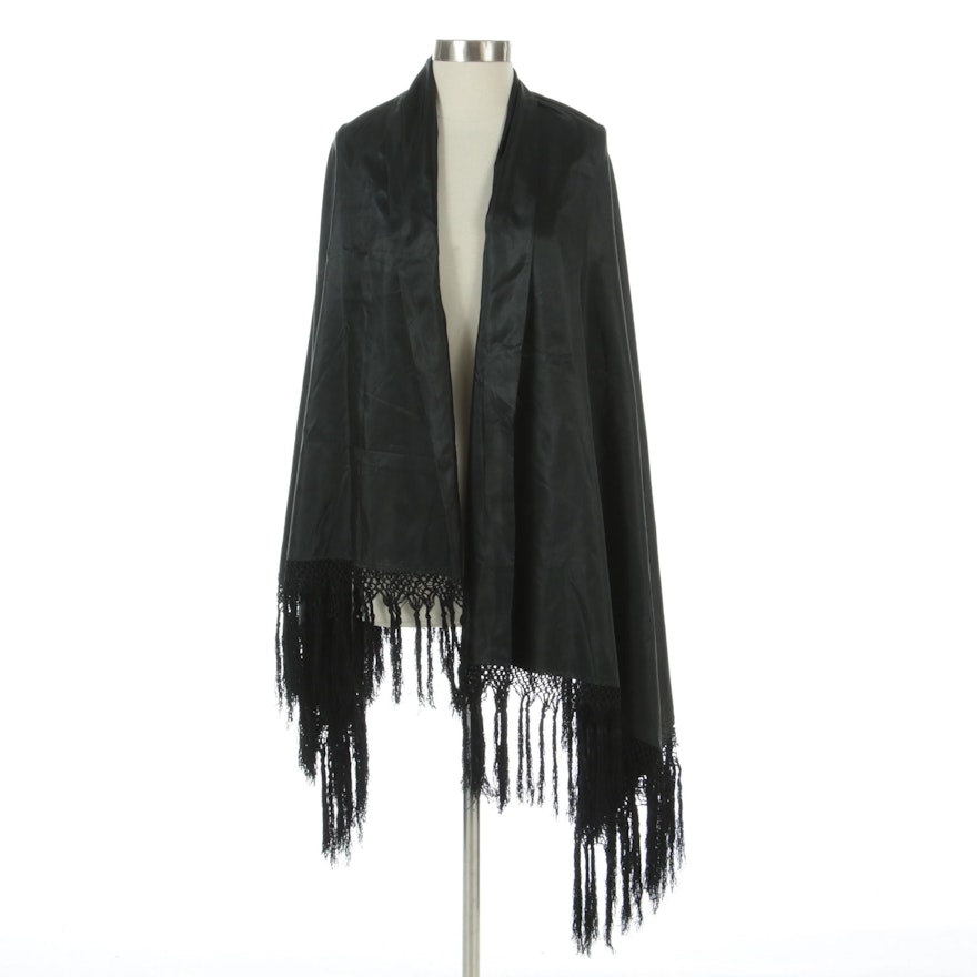 Black Silk Taffeta Shawl with Hand-Knotted Fringe