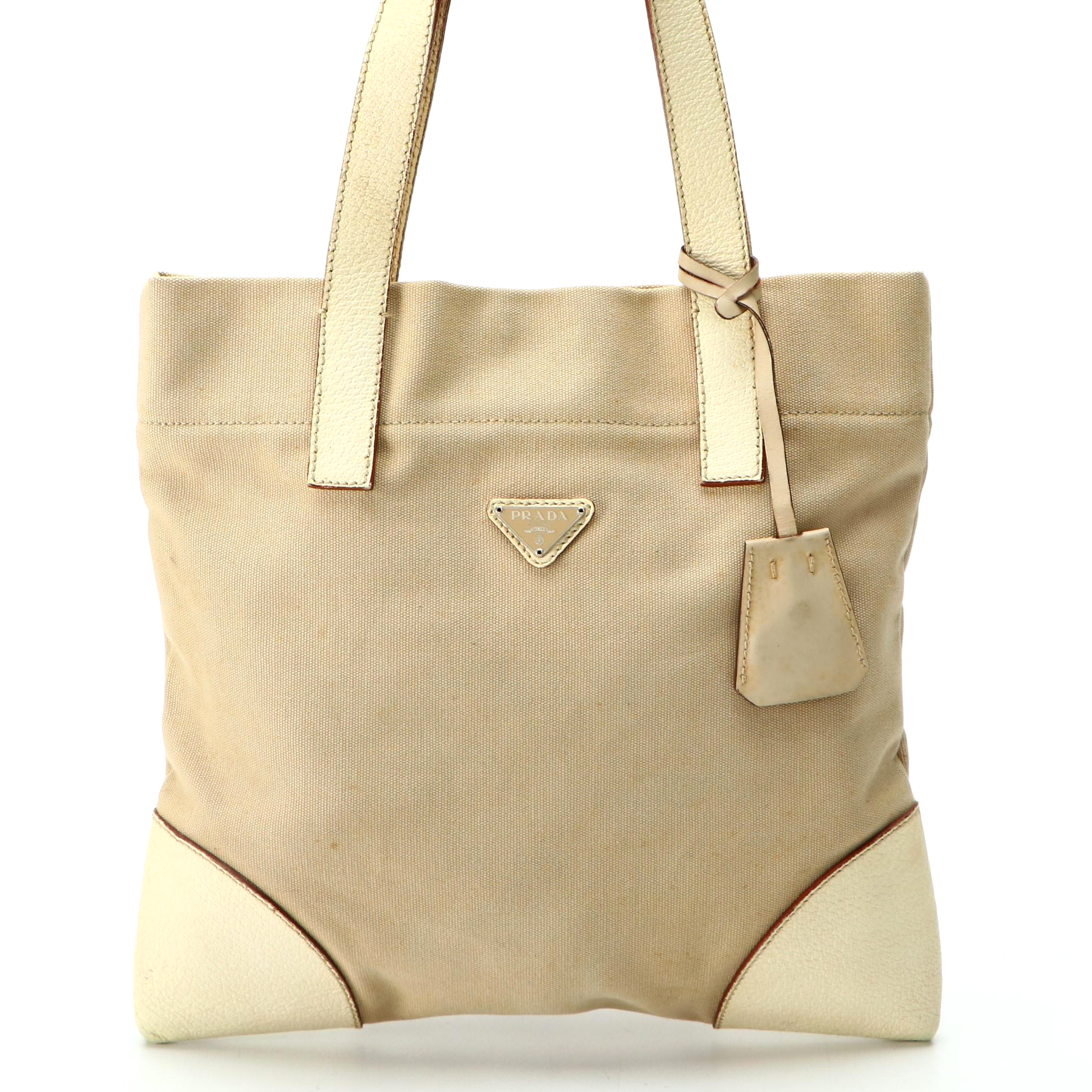 Prada Canvas Tote with Ivory Grained Leather