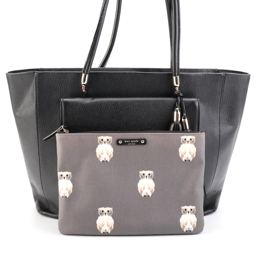 Kate Spade Black Grained Leather Tote Bag and Owl Patterned Zip Clutch
