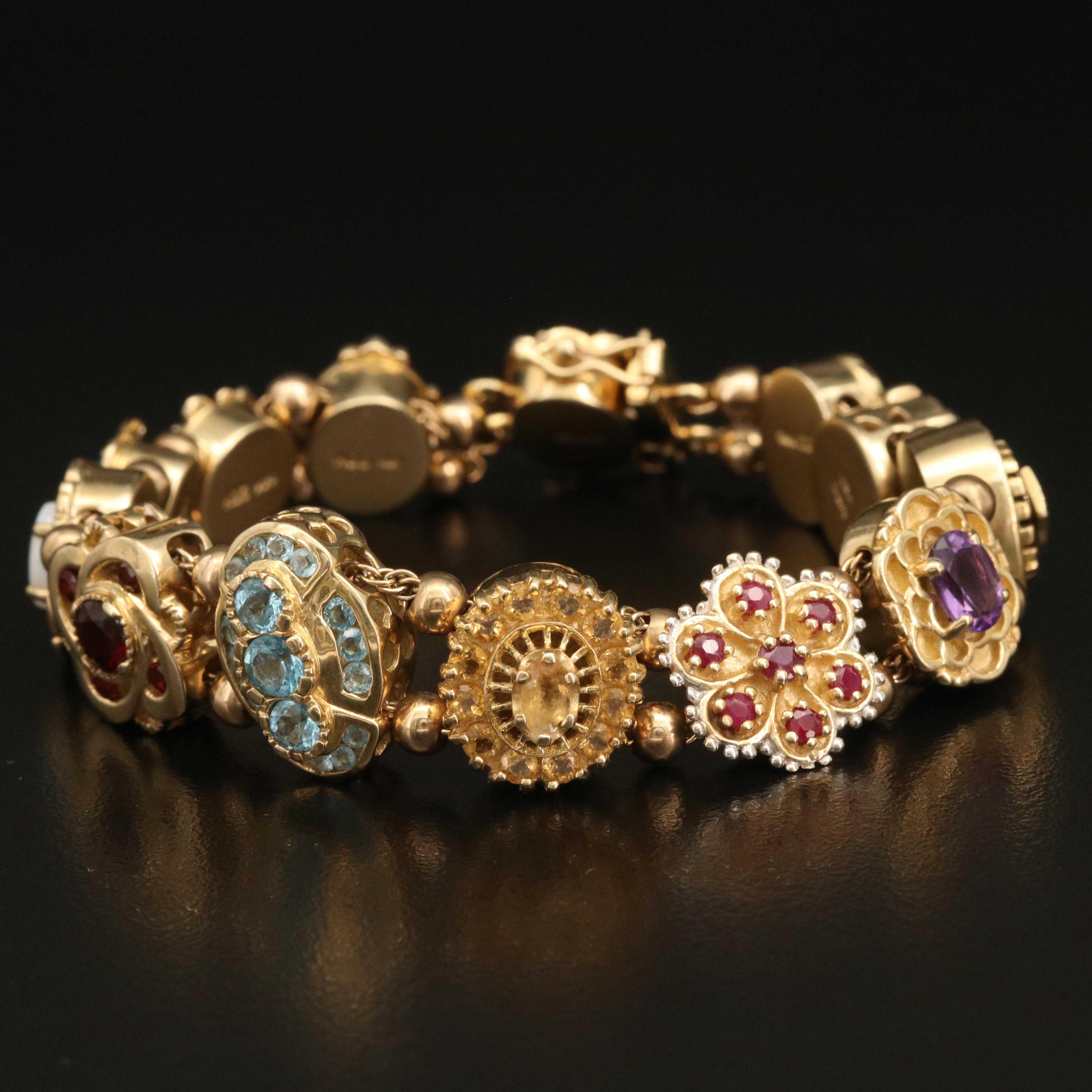 Vintage 14K Gemstone Slide Bracelet Including Topaz, Ruby, and Diamond
