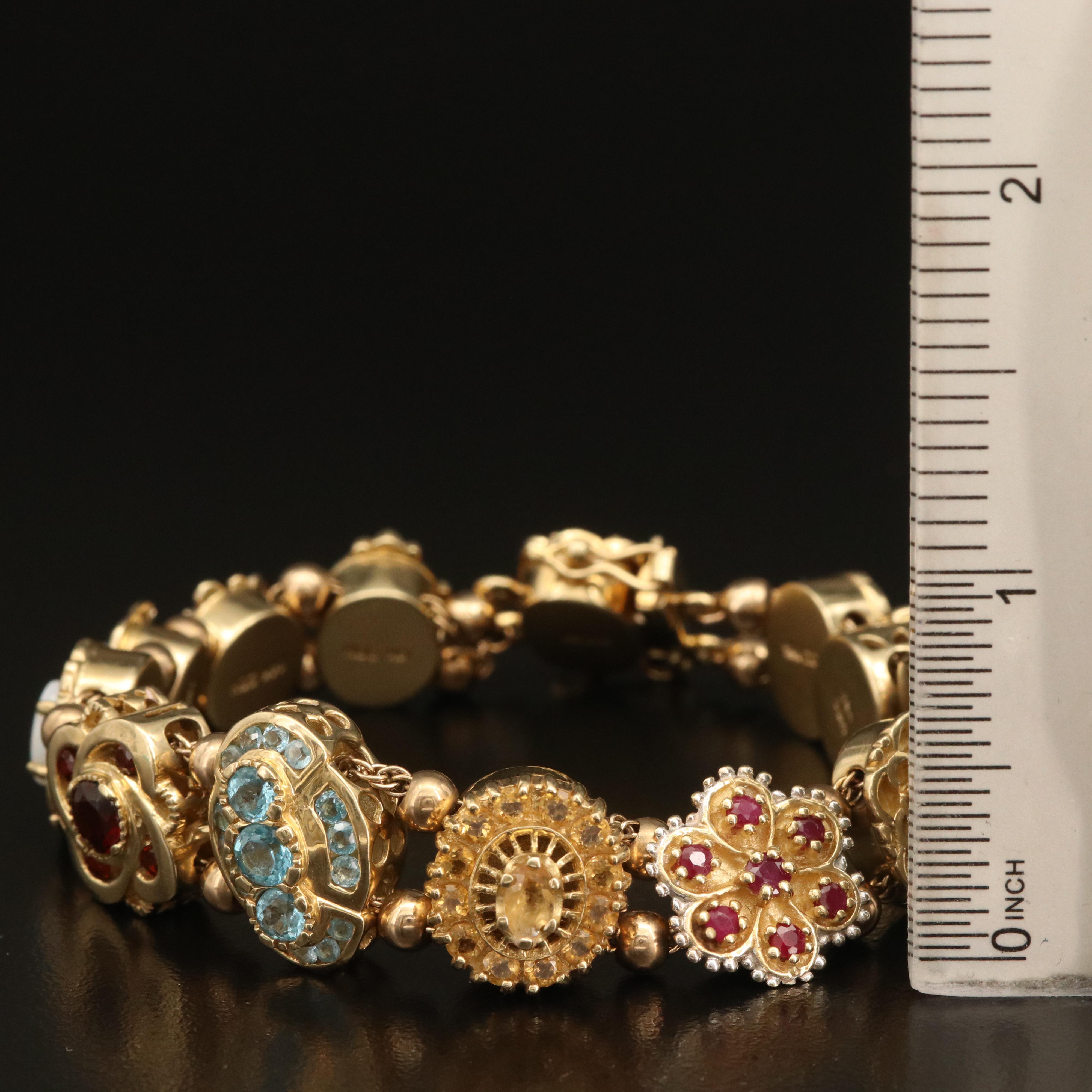 Vintage 14K Gemstone Slide Bracelet Including Topaz, Ruby, and Diamond