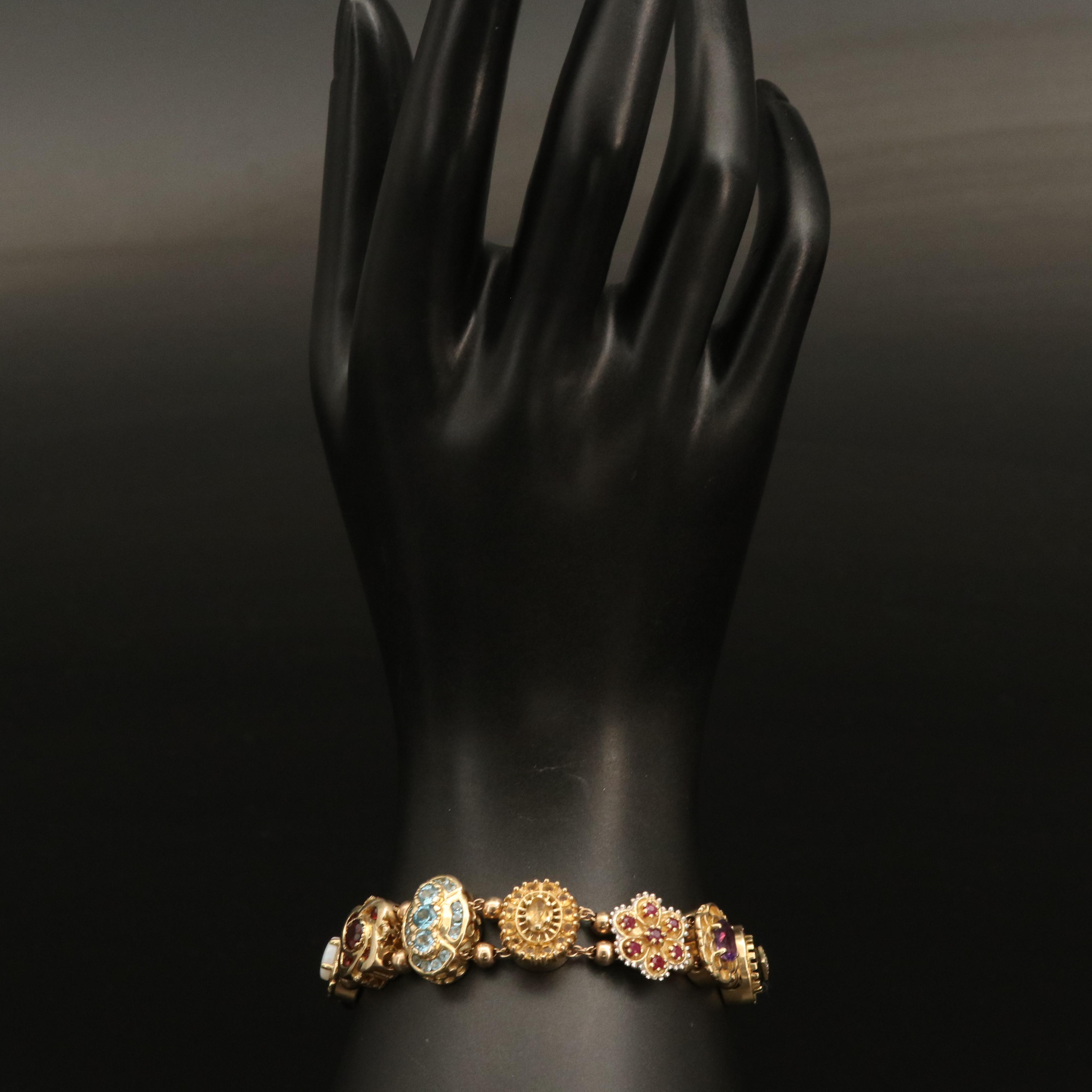 Vintage 14K Gemstone Slide Bracelet Including Topaz, Ruby, and Diamond