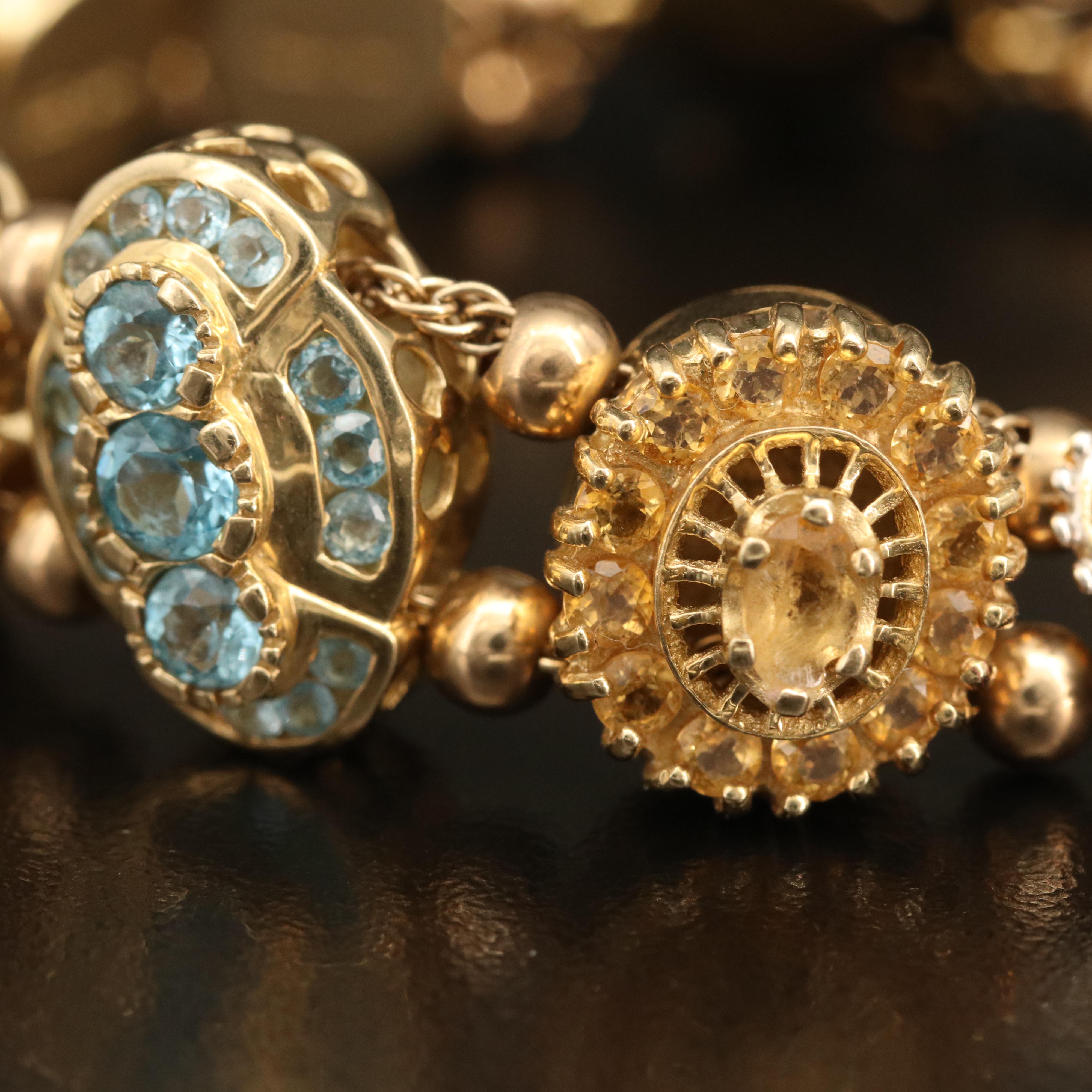 Vintage 14K Gemstone Slide Bracelet Including Topaz, Ruby, and Diamond