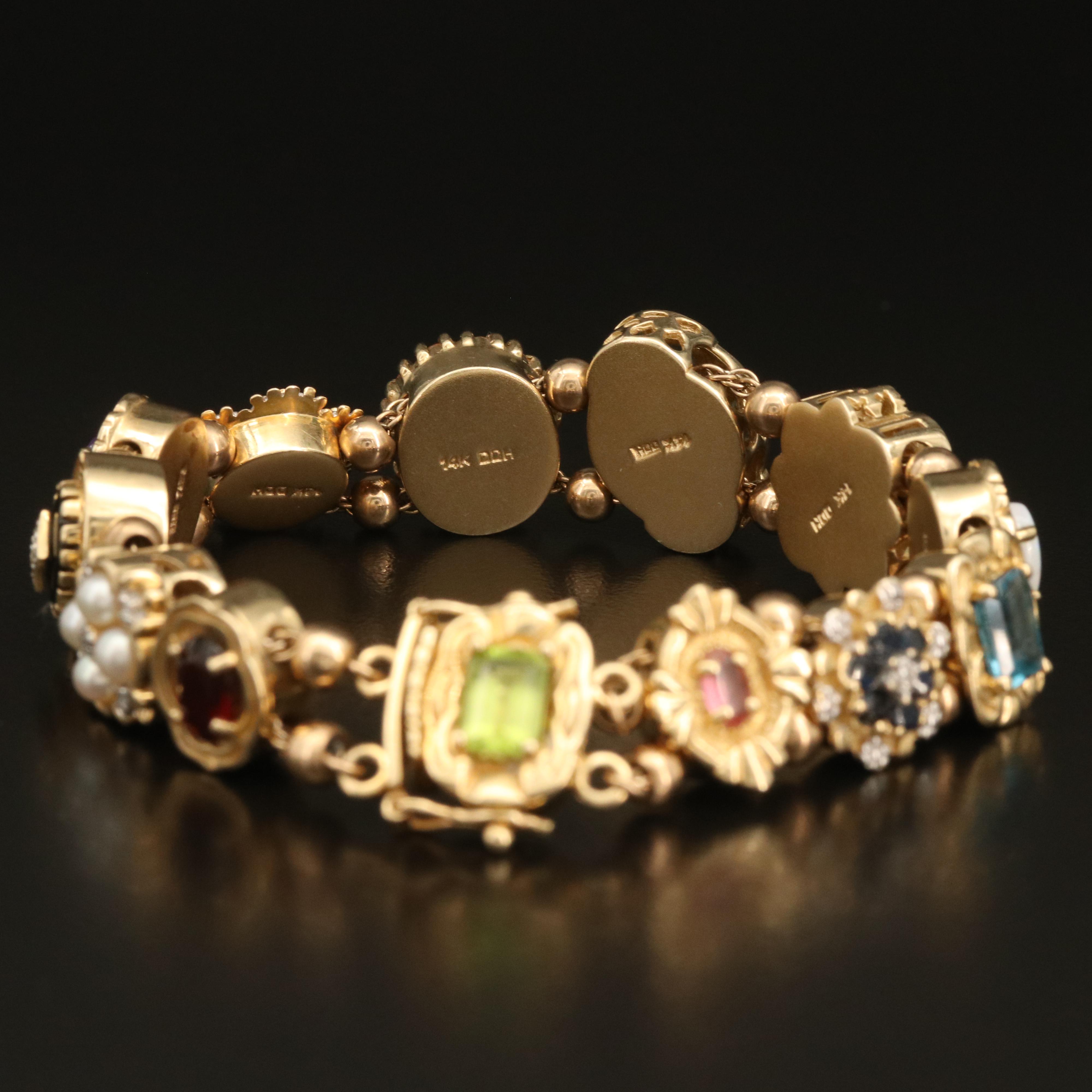 Vintage 14K Gemstone Slide Bracelet Including Topaz, Ruby, and Diamond