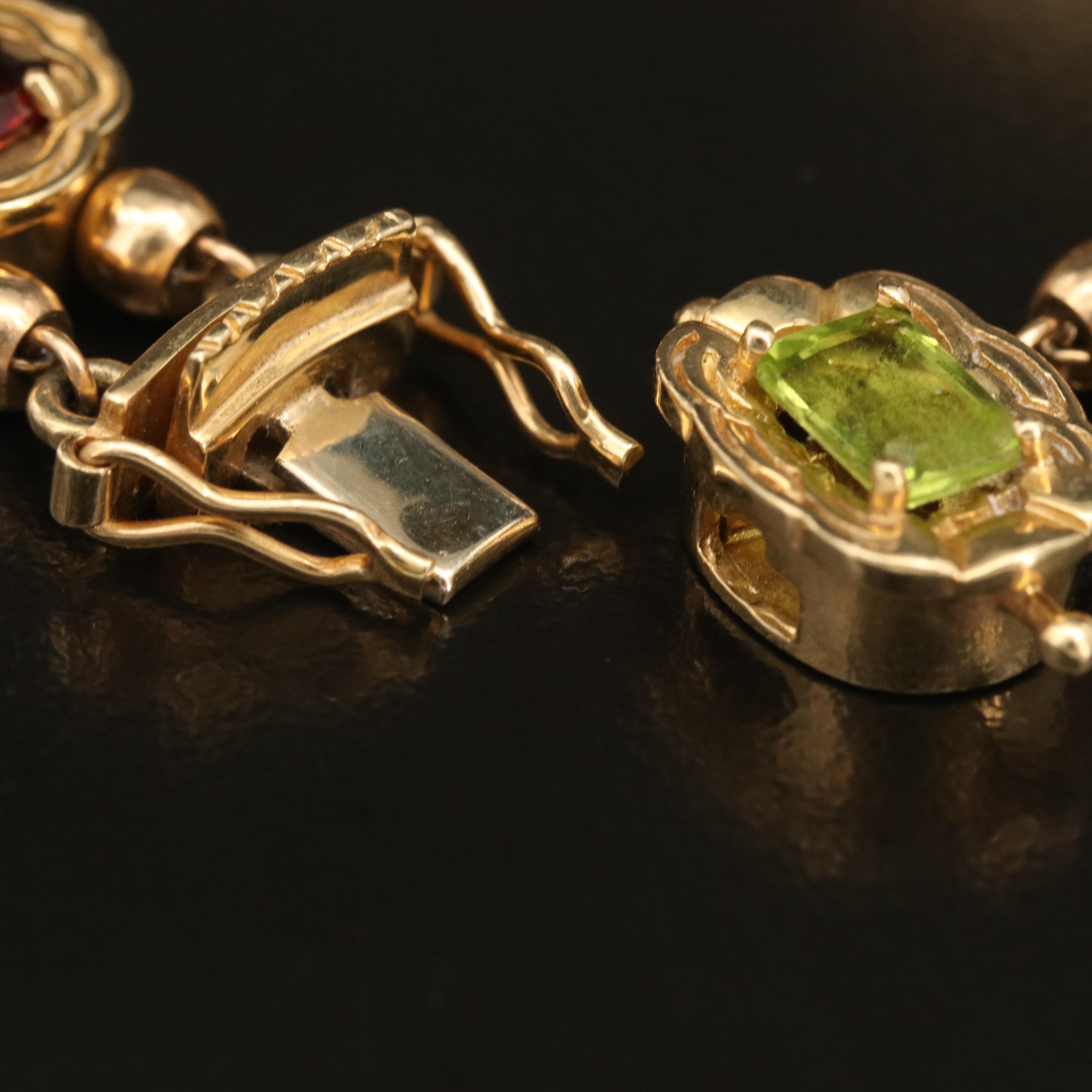 Vintage 14K Gemstone Slide Bracelet Including Topaz, Ruby, and Diamond