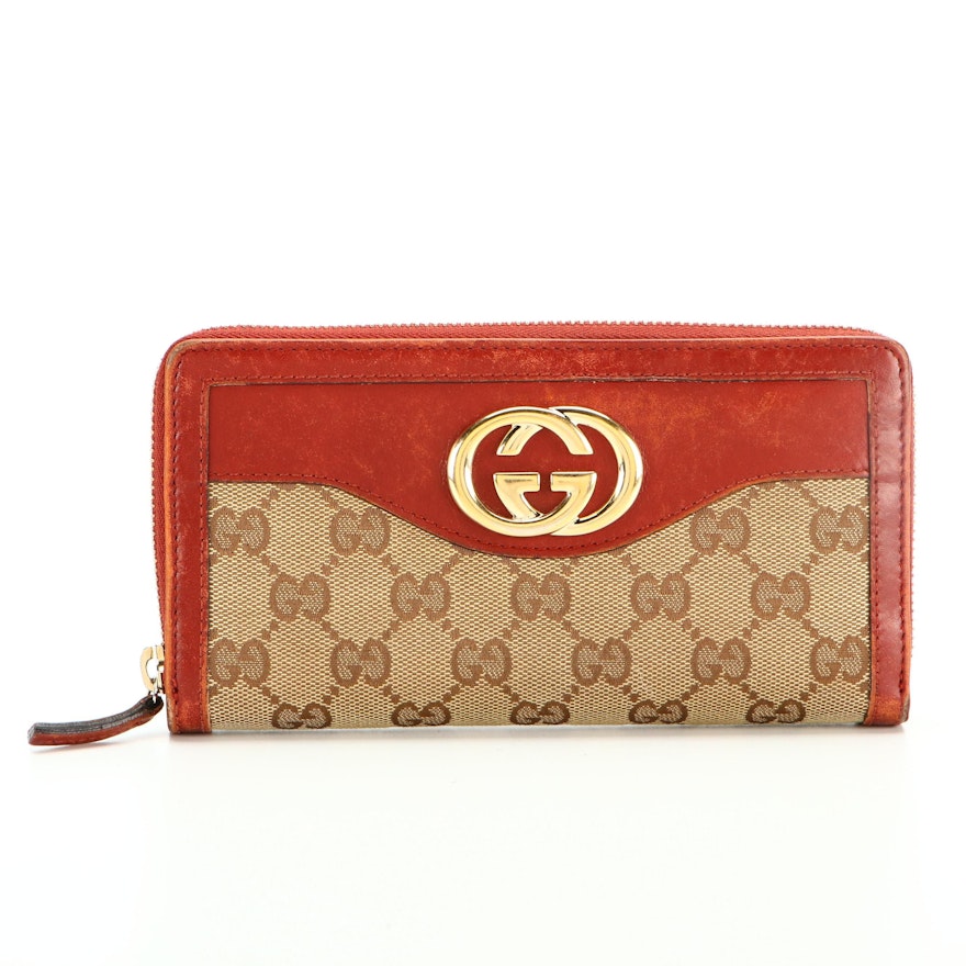 Gucci Sukey Zip-Around Wallet in GG Canvas and Red Leather